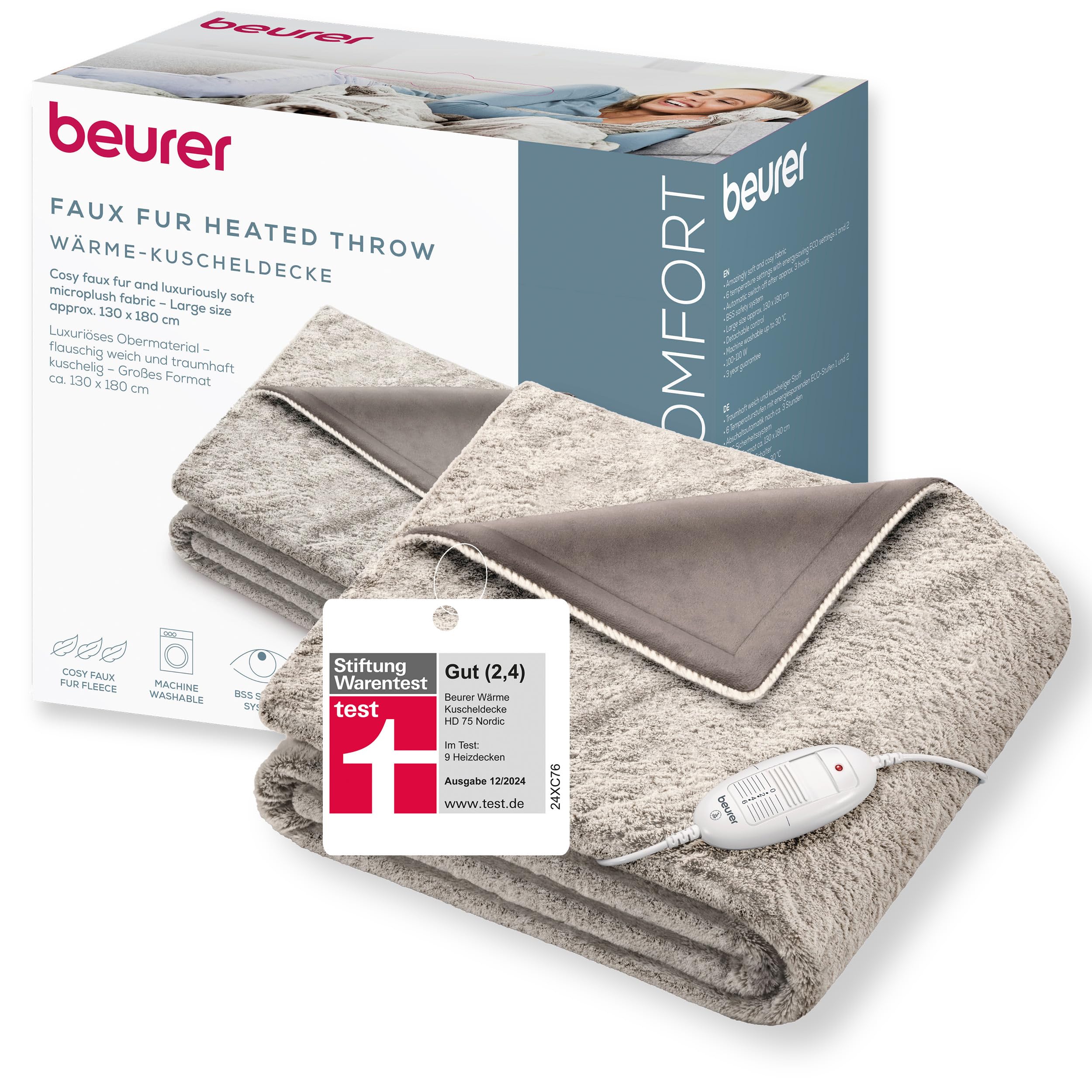 Beurer HD 75 Nordic Heizdecke, kuschelige Wärmedecke in Kunstfelloptik, mit 6 Temperaturstufen, maschinenwaschbar bei 30 °C, Heizdecke mit Abschaltautomatik, beige / braun, 180 x 130 cm