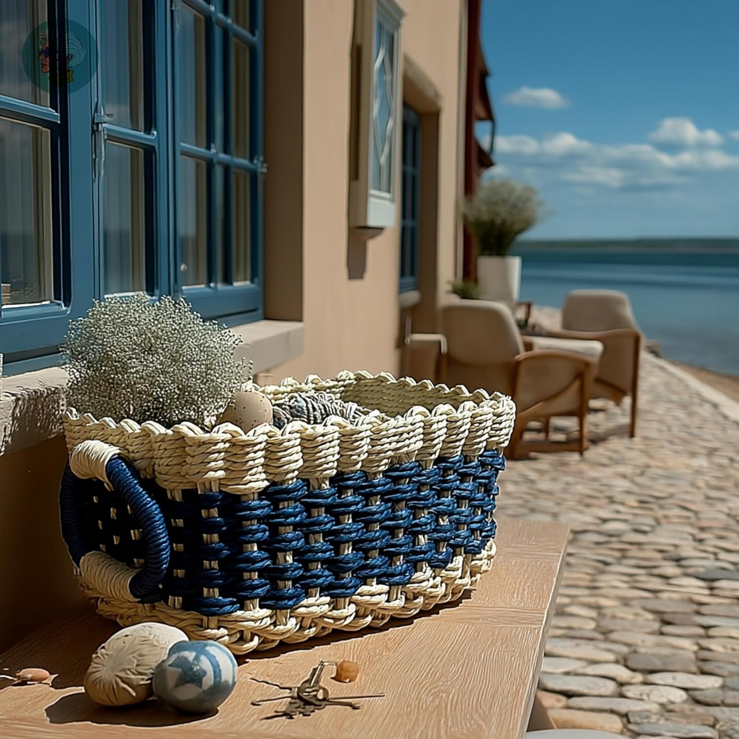 MODERN GRANNY Handmade Paper Rope Basket Set of 3, Pop Art Home Decor Storage Bin, Bohemian Shelf Basket, Nursery Bathroom Bin, Office Organizer, SAND NAVY