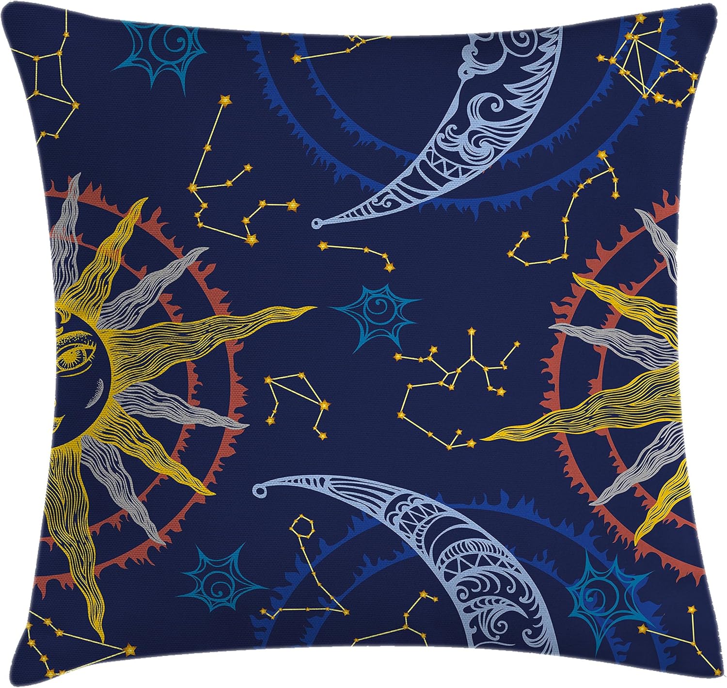 Ambesonne Zodiac Throw Pillow Cushion Cover, Sun and Crescent Moon and Forms Angles Planetary Orientation Astrology Boho Image, Decorative Square Accent Pillow Case, 18" X 18", Royal Blue 18 x 18-Inch Royal Blue