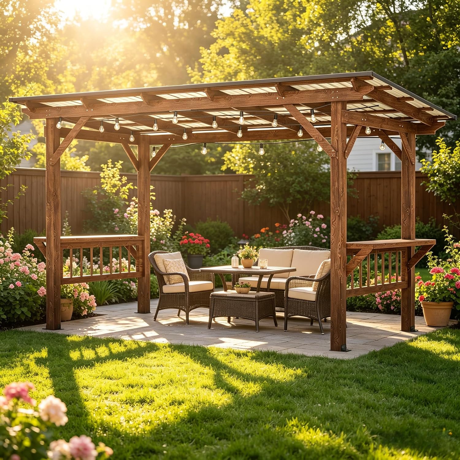 Wooden Outdoor Gazebo,13' x 6.5' Wooden Grill Gazebo with Metal Roof, Bar Counters and Decorative String Lights, Perfect for Backyard, Garden and Patio Gatherings