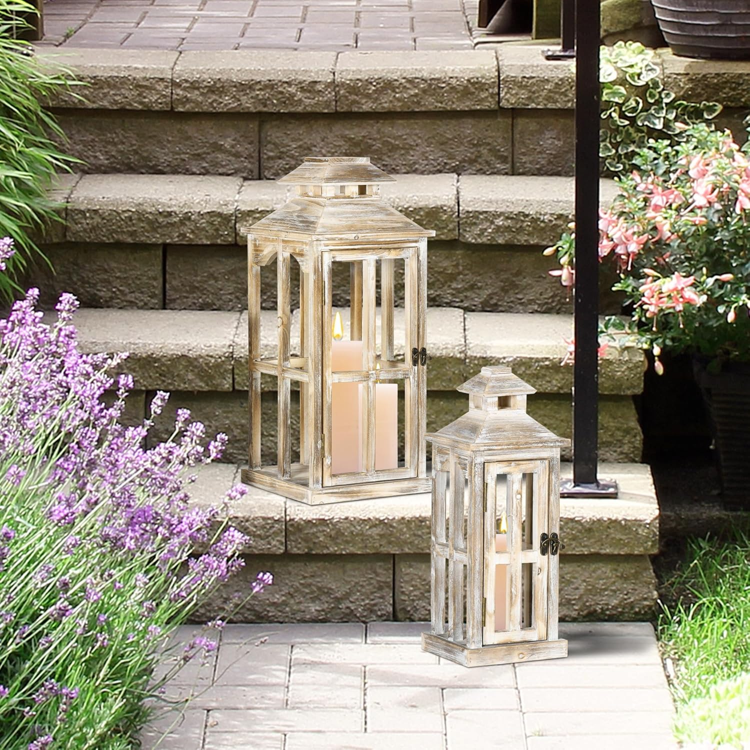 HOMCOM 2 Pack 28"/20" Large Rustic Wooden Lantern Decorative, Indoor/Outdoor Lantern for Home Décor (No Glass), Natural