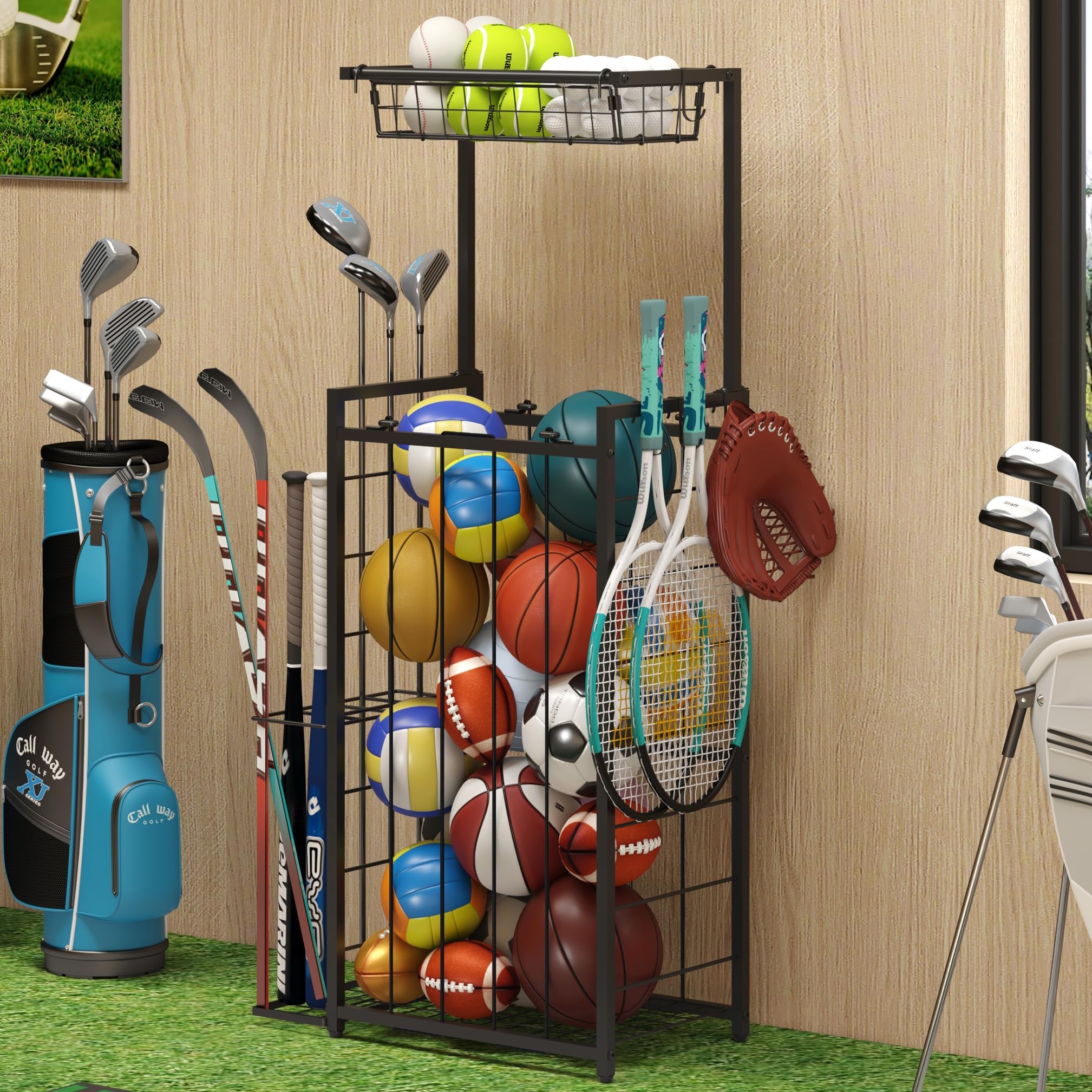 Sports Equipment Organizer, Small Garage Ball Storage Rack with Elastic Straps and 3 Hooks, Garage Organization Storage Rack for Balls and Sports