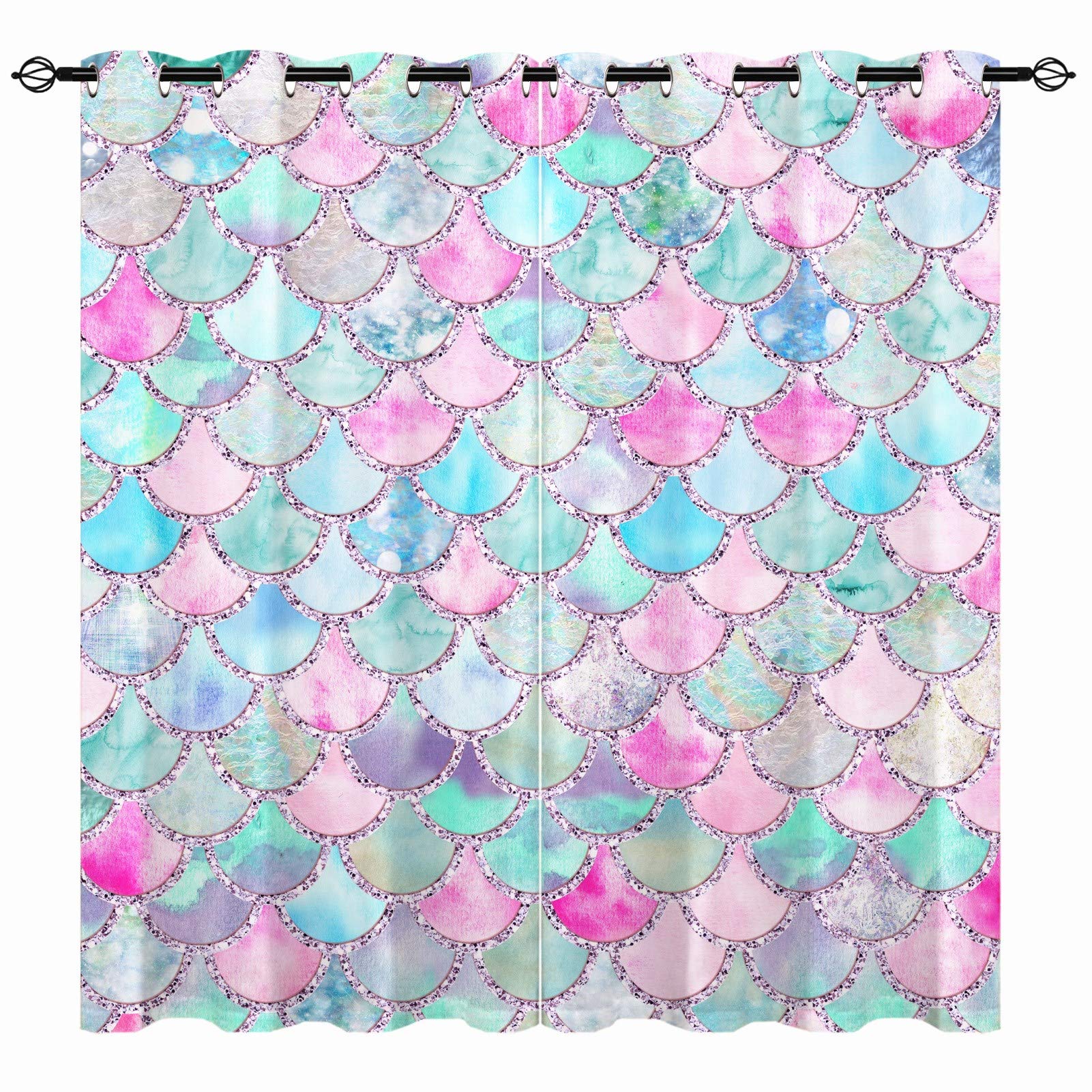 Yuanzu Girls Multi 1 Mermaid Scales Curtains, Watercolor Colorful Mermaid Fish Scales Geometric Print Pattern Eyelet Thermal Insulated Window Drapes For Living Room Bedroom 2 Panels Each Panel W117cm X D137cm