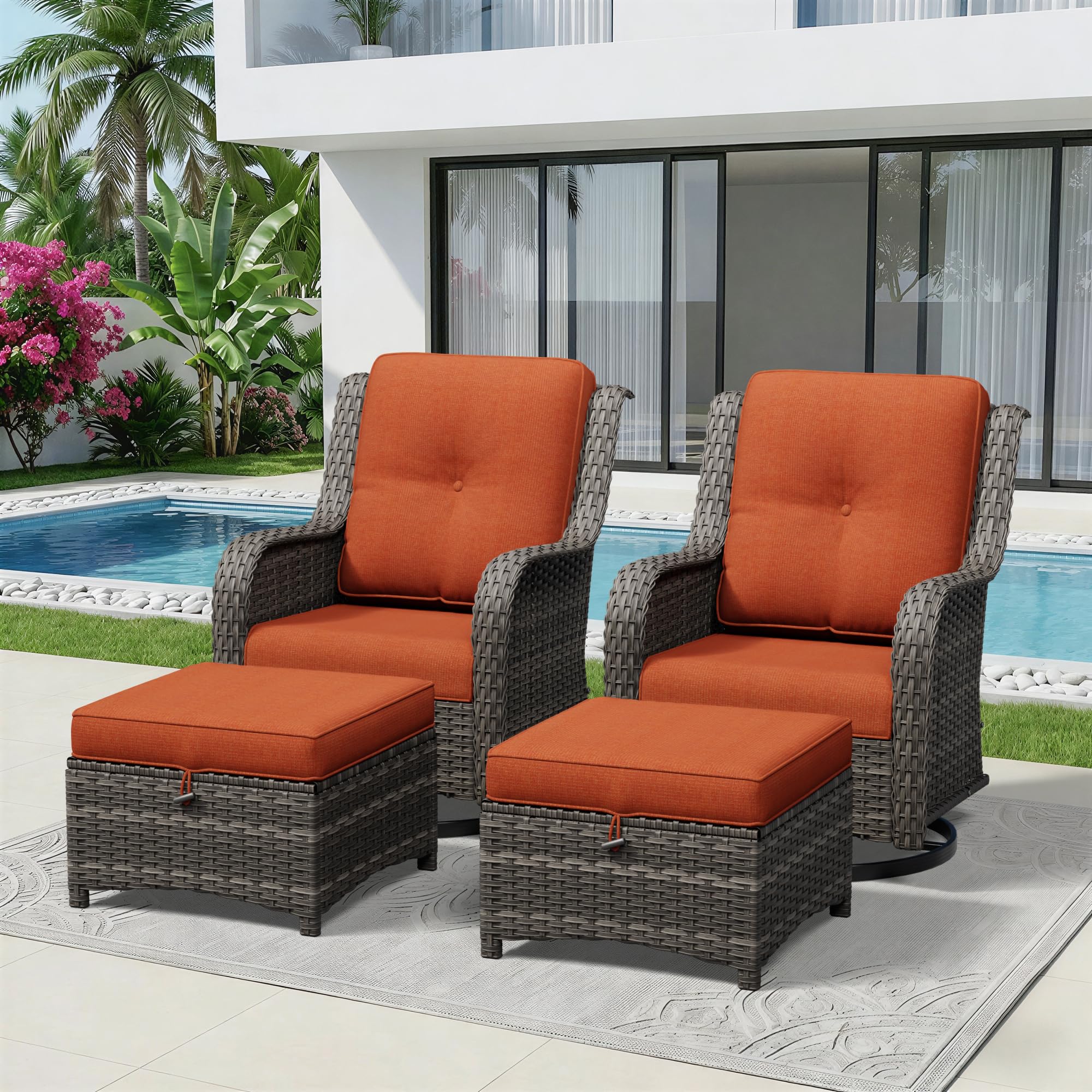 4 Piece Outdoor Wicker Patio Furniture Set, Outdoor Swivel Rocker Patio Chairs Set with Thickened Olefin Cushions, High Back and Deep Seating, Hand-Woven PE Rattan, Ottoman for Porch, Deck