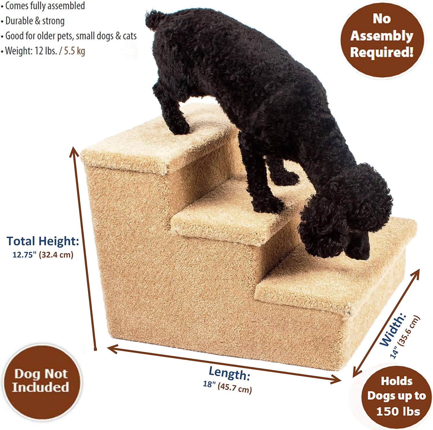 Penn-Plax 3 Step Carpeted Pet Stairs for Both Cats and Dogs Holds Up to 150 LBS 12.75 Inches High, Beige