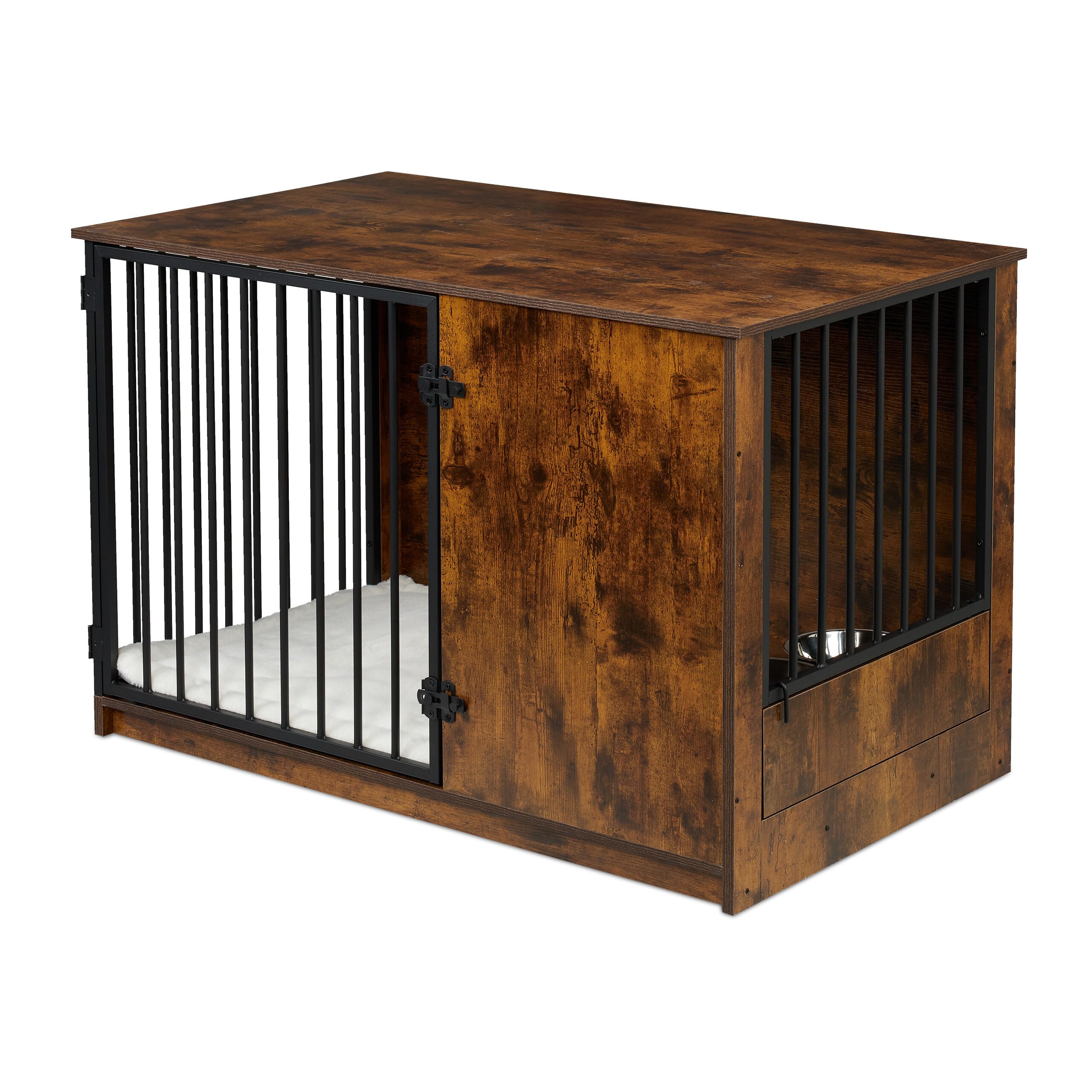 Relaxdays Box pour Chien en MDF et métal, Meuble Industriel Marron, H x L x P : 65,5 x 102 x 60 cm, 2 gamelles