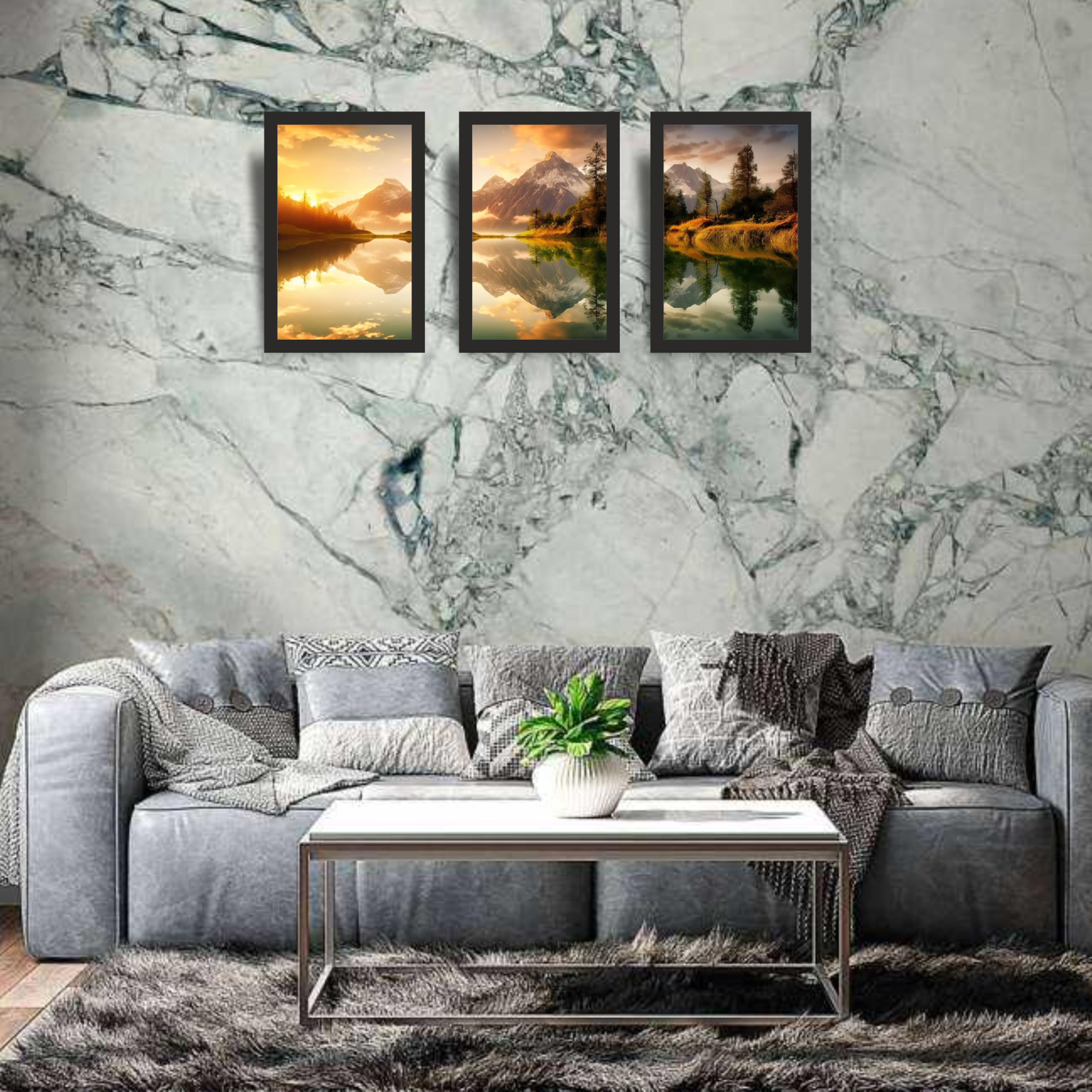 Golden Sunrise Mountain Lake Wall Art Set of 3