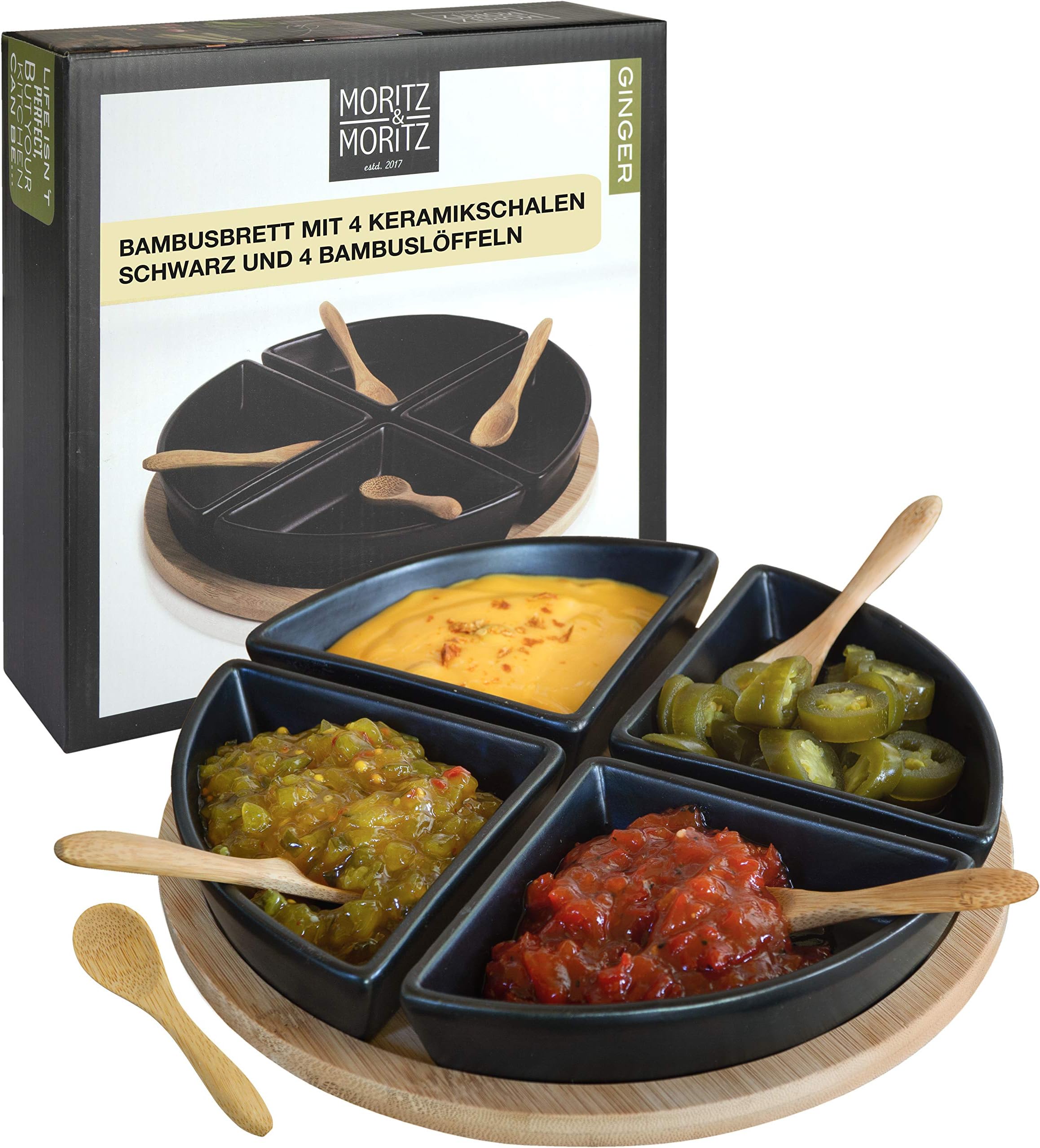 Moritz & Moritz Serving Plate with Antipasti Bowls, 22 cm, Bamboo Plate, Serving Tray with Ceramic Bowl, Bamboo Spoon, Bowl Set for Appetizers, Dips and Snacks