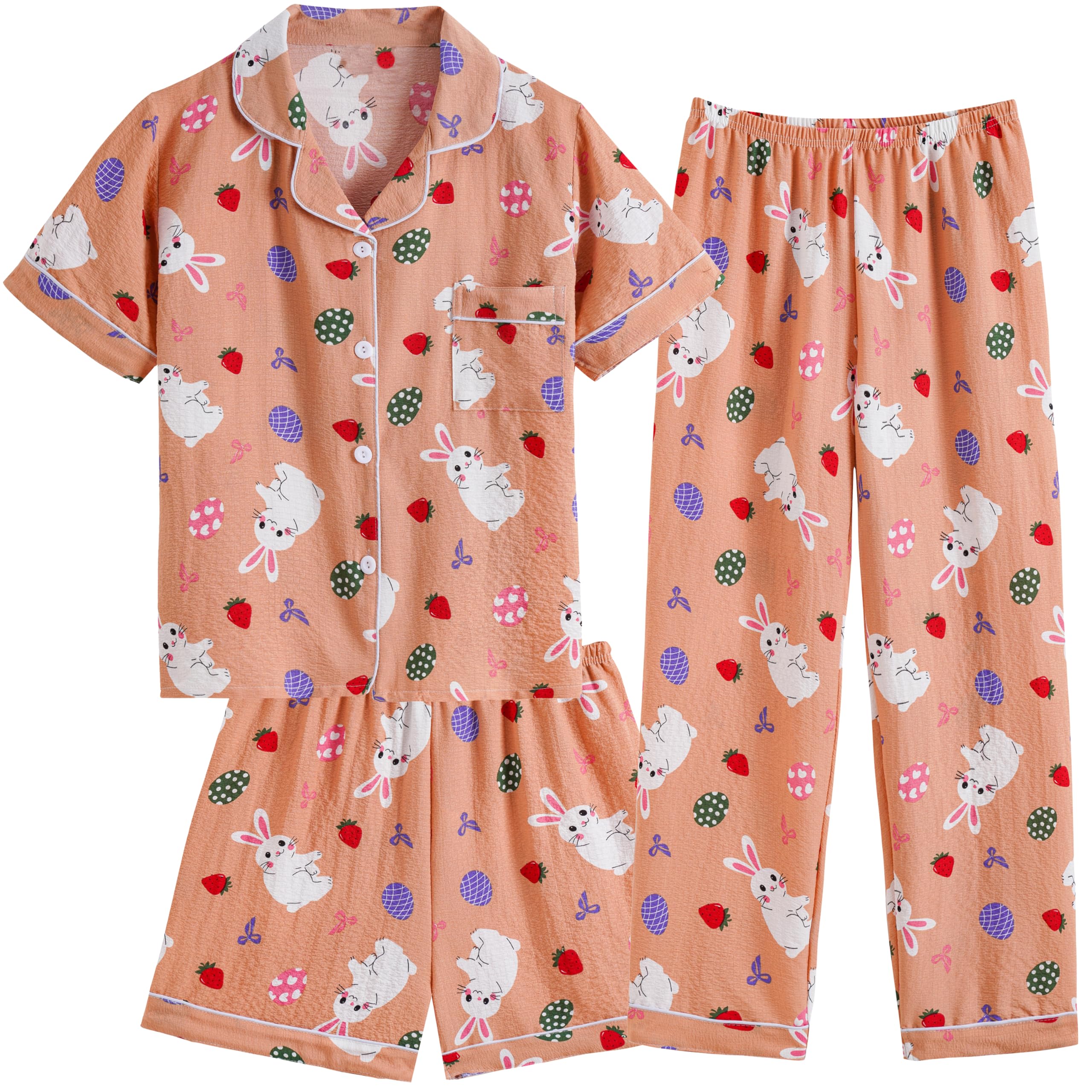 Hupohoi Big Girls Button Down Pajama Set 3pcs Crepe Fabric Sleepwear Nighty