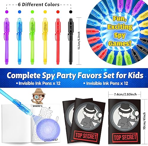 Miniatura 10 de Joycover Bolígrafo de tinta invisible con luz UV para niños, paquete de 24 bolígrafos espía y cuadernos, recuerdos de fiesta espía para niños de 4 a