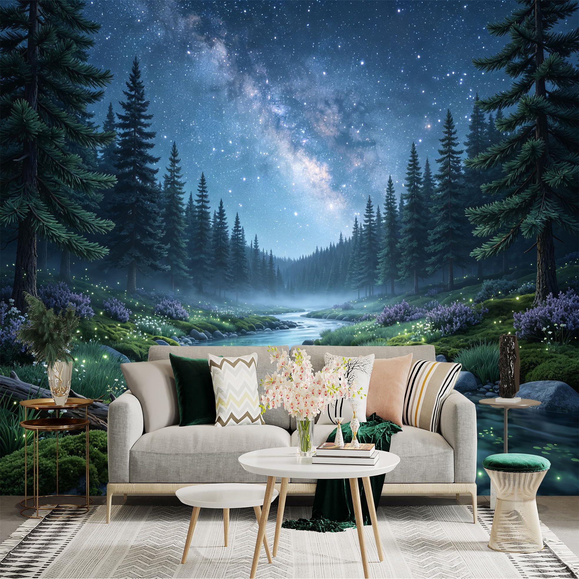 Lnzczhyre Bh260719623 Custom Size Wall Sticker Mural， Enchanted Stream In Coniferous Forest， Glowing Fireflies， Milky Way Night Sky， For Wall Decoration， Peelandstick Wall Decals.