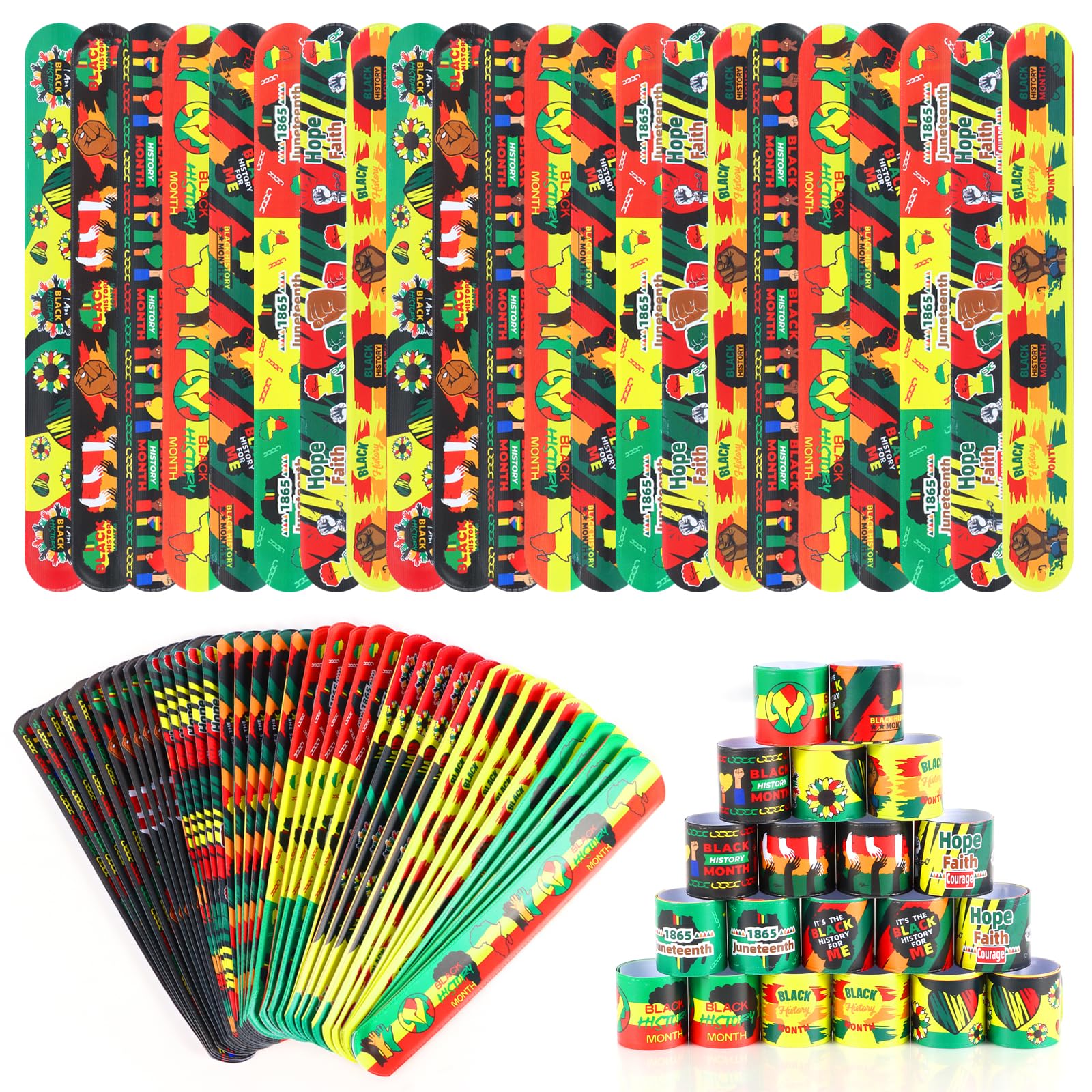 SAIWEILAI ONLINE 200 Pieces Black History Month Slap Bracelets Black History Month Party Supplies for Kids Boys Girls,8 Styles