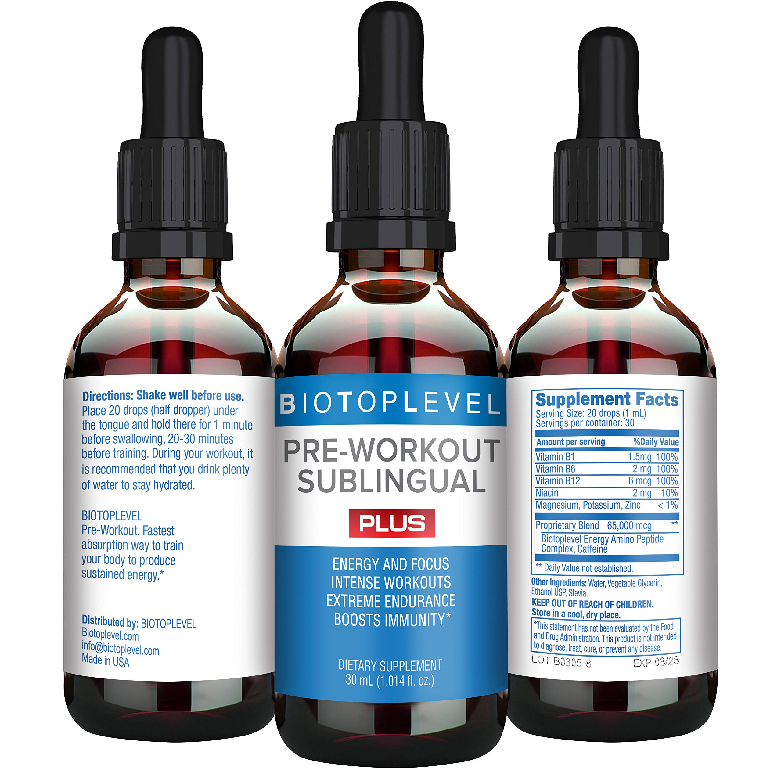 Buy BIOTOPLEVEL First Pre Workout Sublingual Liquid Drops Plus Nitric