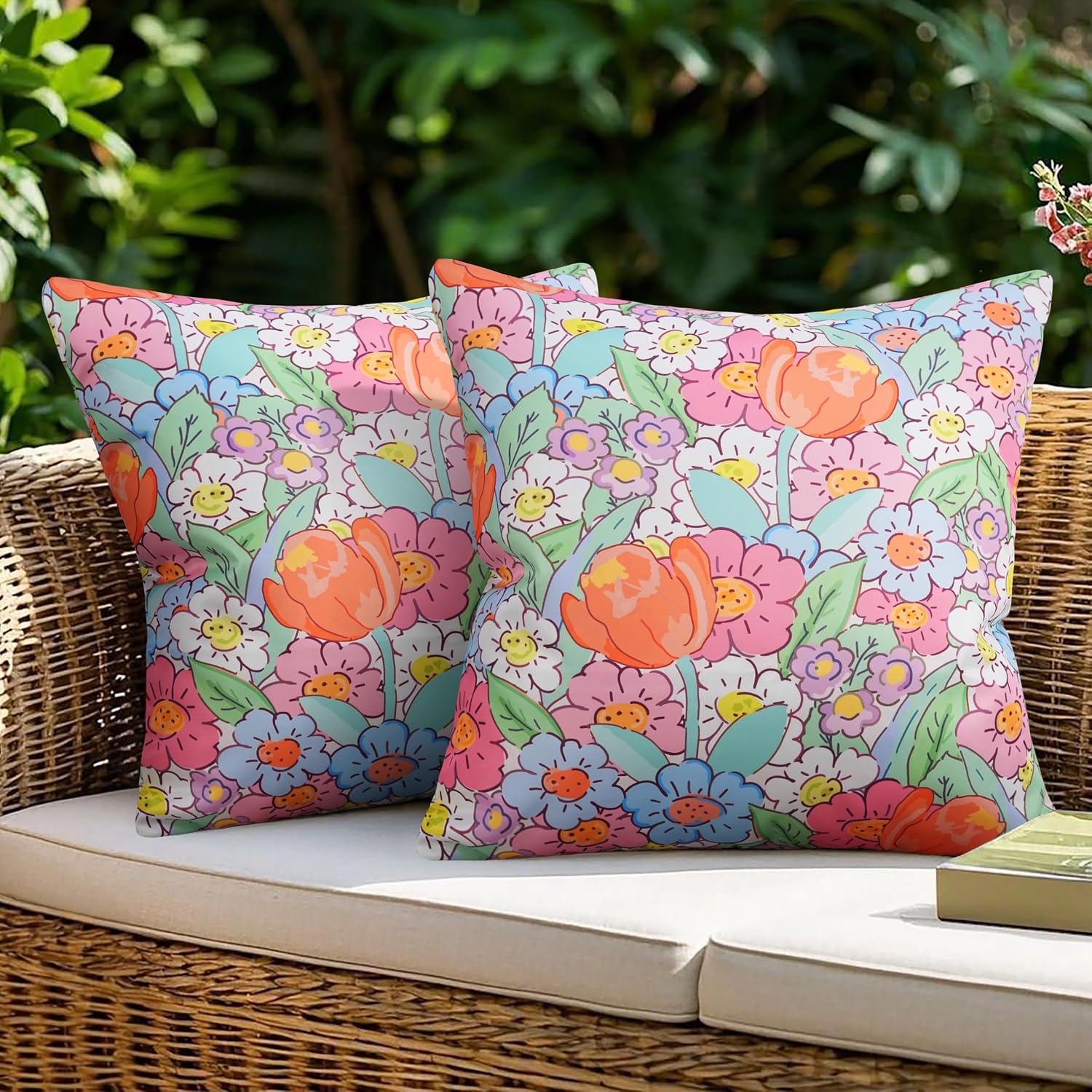 JASEN Outdoor Waterproof Throw Pillow Covers 18x18 Inch, Spring Floral Double Sided Decorative Square Covers for Patio Furniture Garden Square Couch & Sofa - Pack of 2 (Floral B)