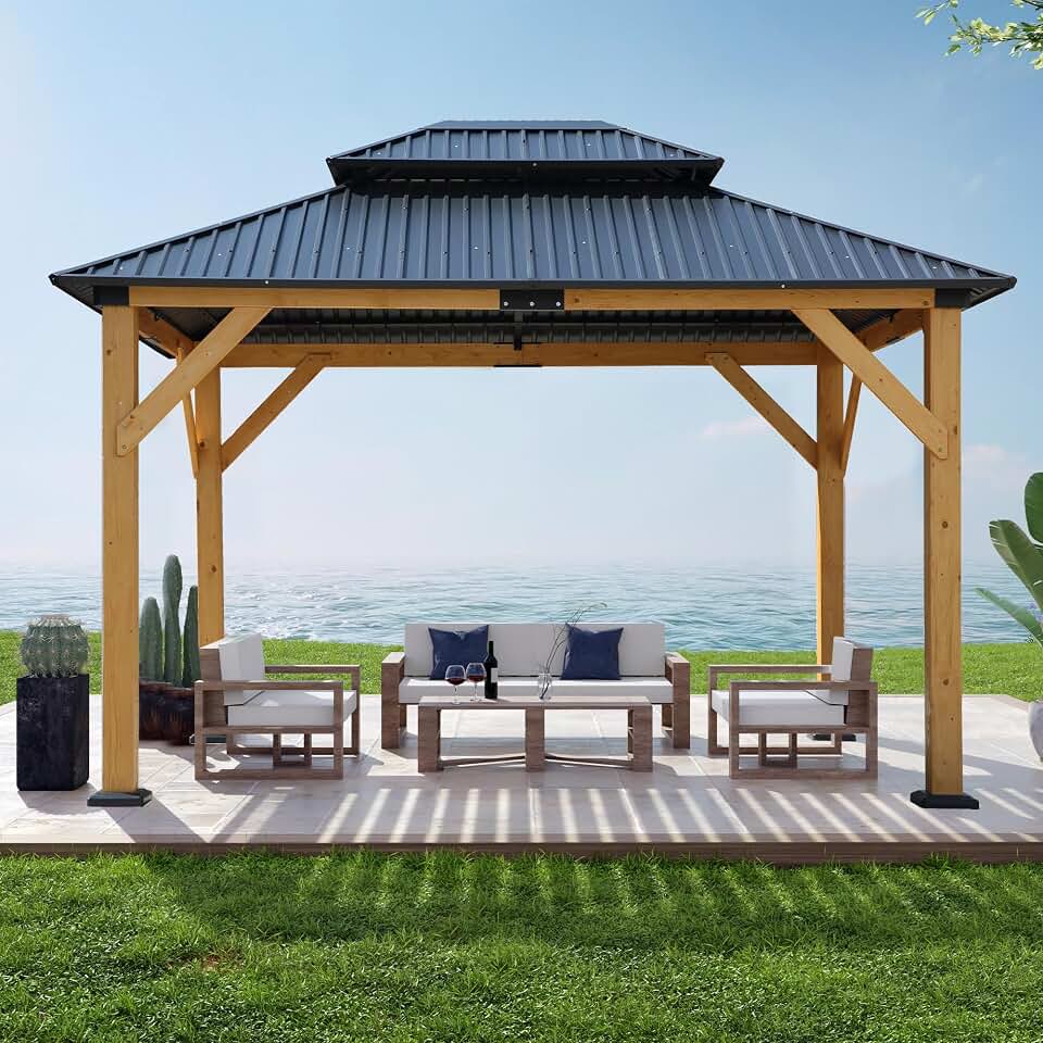 Fir Wood Carport Pavilion Gazebo, Wooden Coated Steel e Canopy with Steel Double Roof, Outdoor Pent Metal Pavilion with Netting for Patio