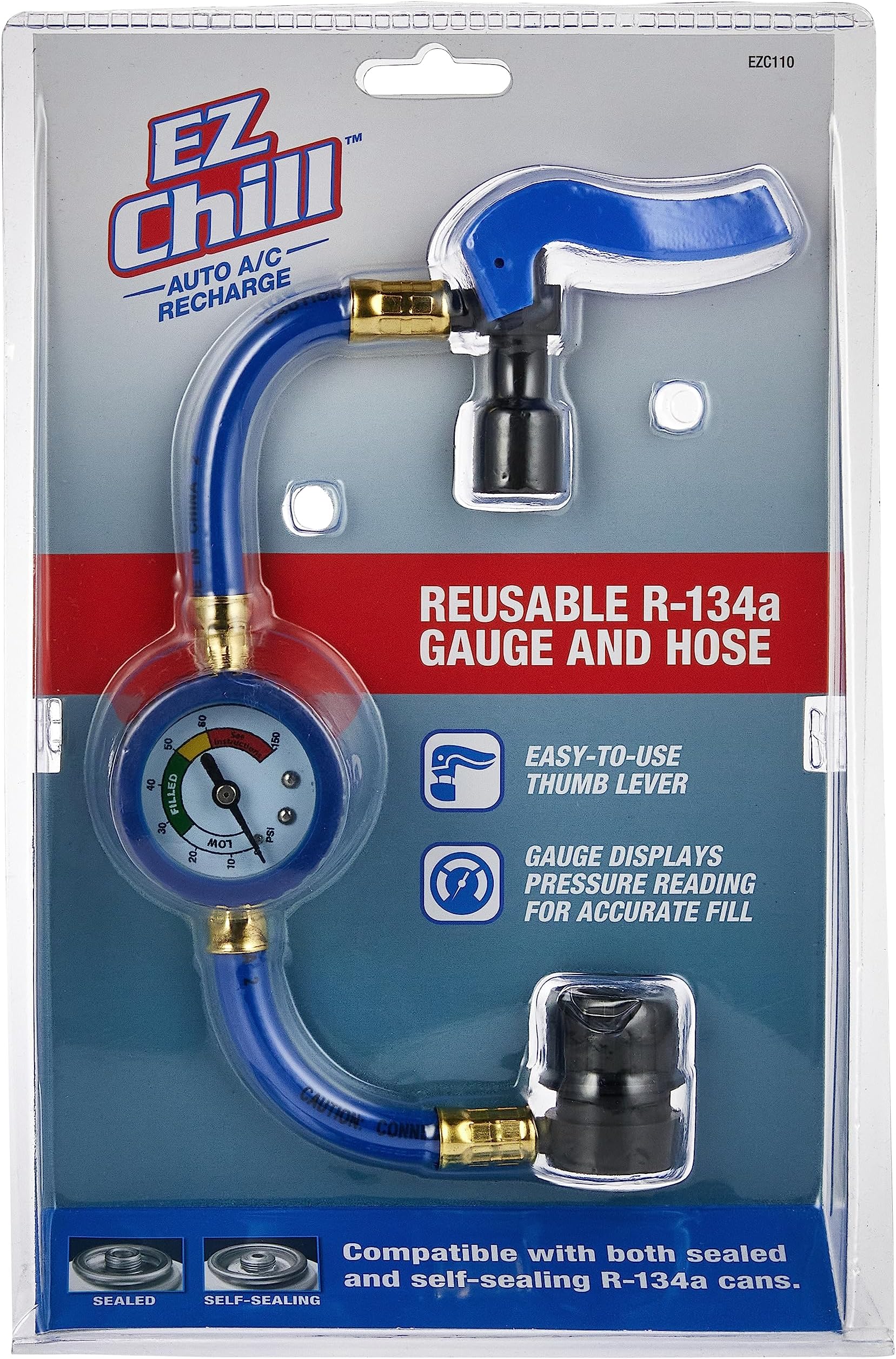 InterDynamics Car Air Conditioner Refrigerant Gauge and Hose by InterDynamics, EZ Chill Reusable AC Recharge Kit for Cars, Trucks,3 x 11 x 8 inches