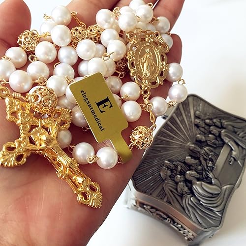 Miniatura 3 de Collar de cruz de rosario católico de perlas de oro rosa con perlas blancas, elegantmedical