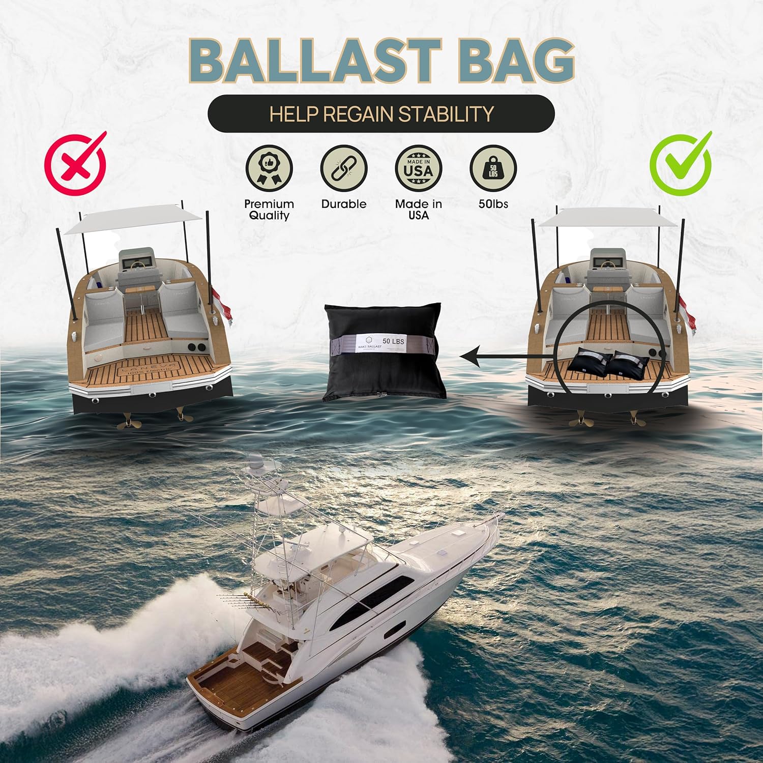 wake ballast - Ballast Bag for Wakesurfing & Wakeboarding, Fine Steel Shot for Wakesurf Boats, Yachts & Airplanes, Precise Weight Distribution, Compact Design, Water & Rustproof, Made in USA (50 lbs)