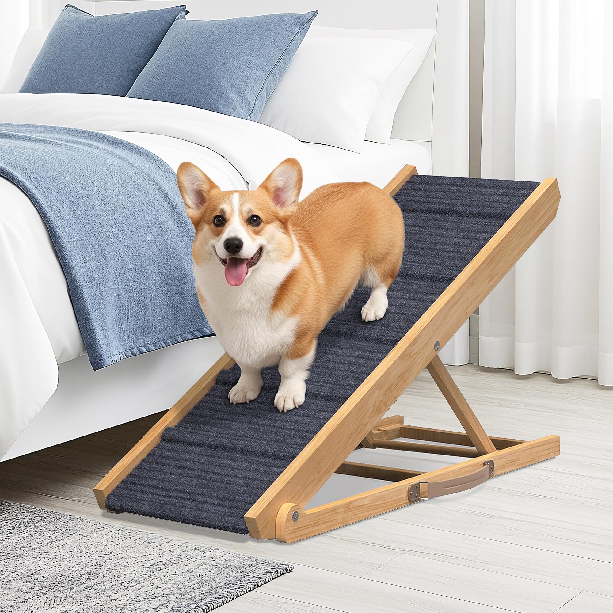 Photo 1 of PATHOSIO PETS Adjustable Dog Ramp for Bed - 39" Long Foldable Wooden Ramp for Dogs to Get on Bed, Couch, or Car with 13.4" Wide Walking Space (Natural Wood with Gray Carpet)
