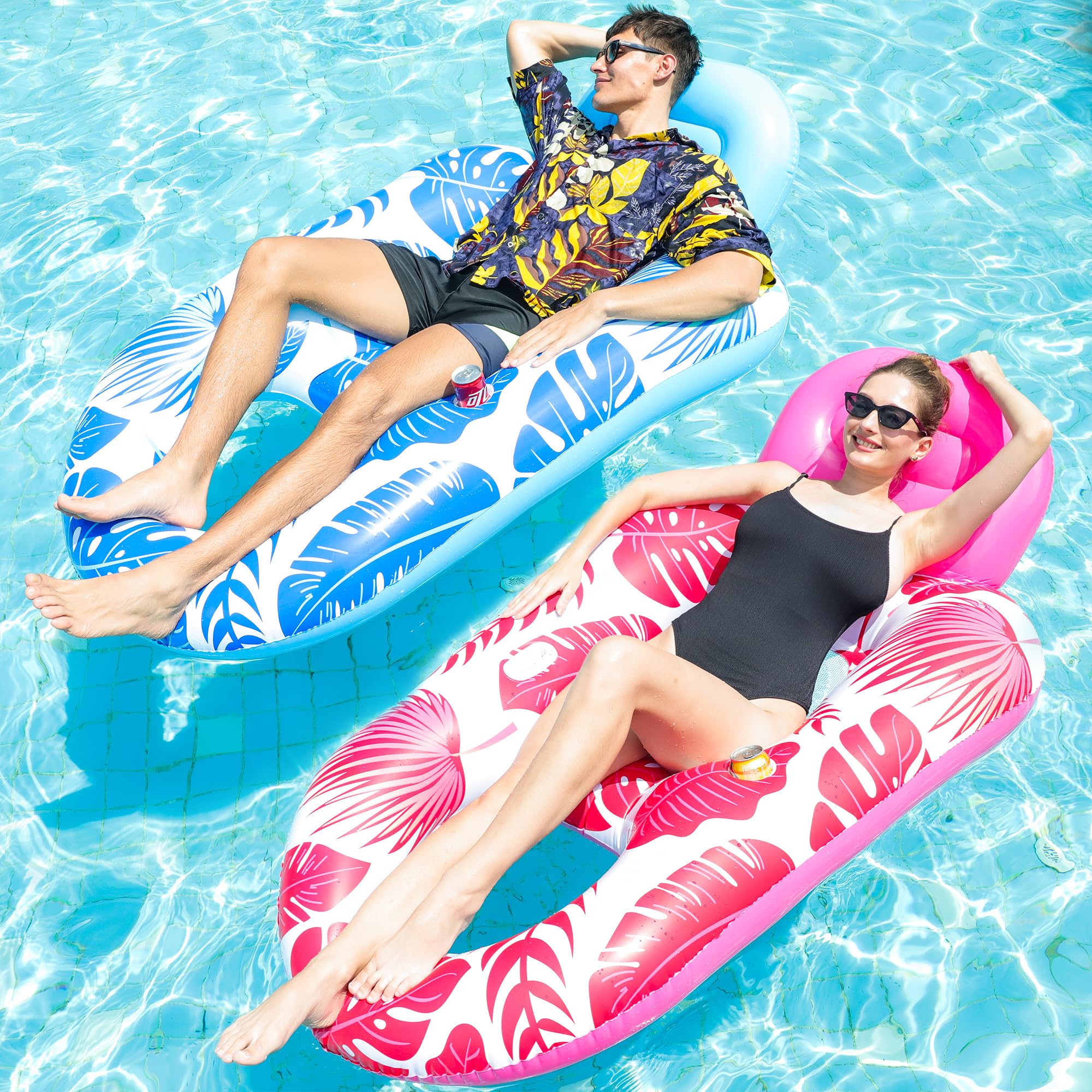 FindUWill Inflatable Pool Floats Lounger for Adult - 2 Pack Large Pool Floats with Cup Holders, Inflatable Pool Loungers Pool Rafts for Vacation, Pool Floaties with Backrest, Footrest