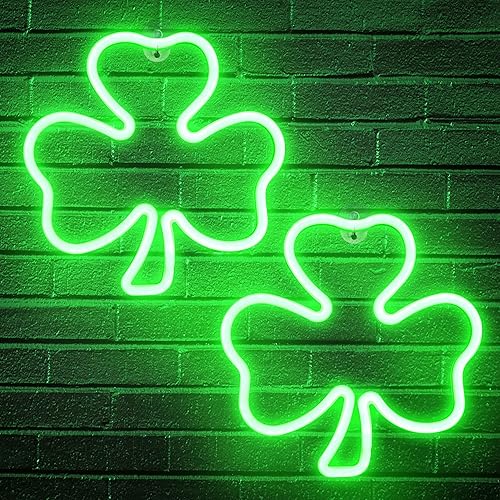 2 luces de decoración del día de San Patricio de 115 pulgadas luces LED de trébol verde letreros de tubo de neón irlandés alimentados por USB para