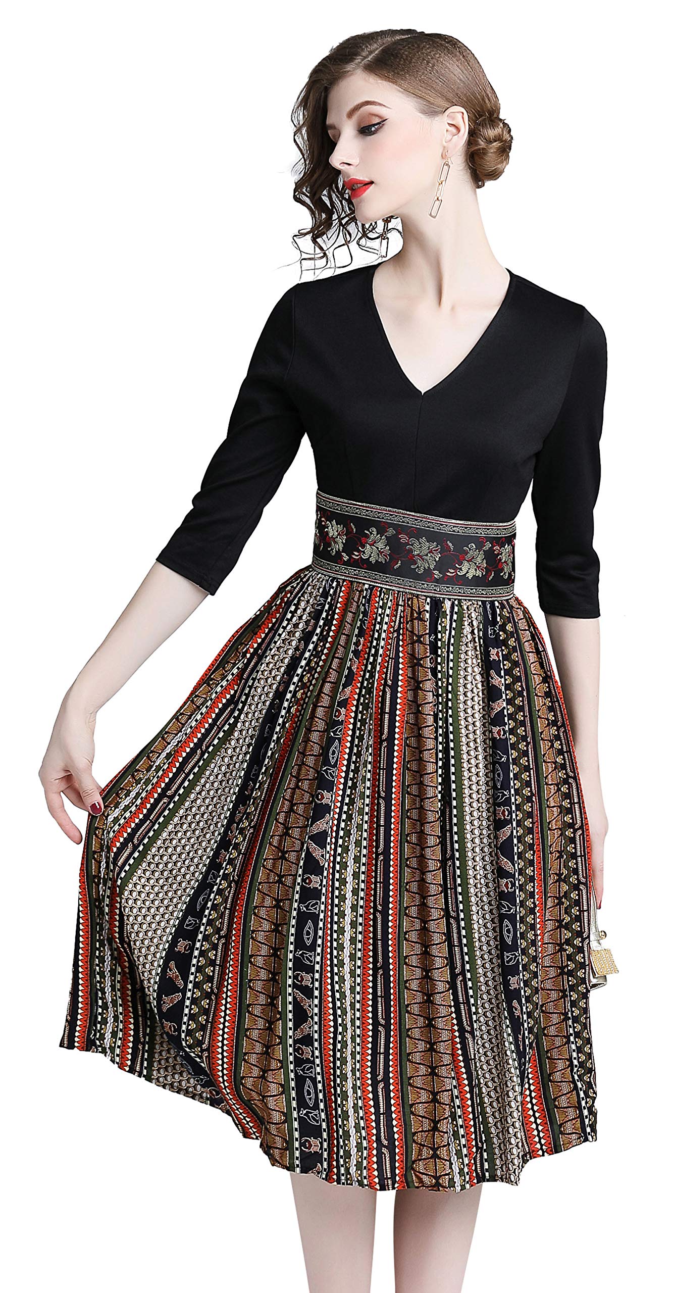 LAI MENG FIVE CATSWomen's Retro Elegant 2 in 1 Pleated Tunic Knit Flowy Casual Patchwork Vintage Design A-Line Dress