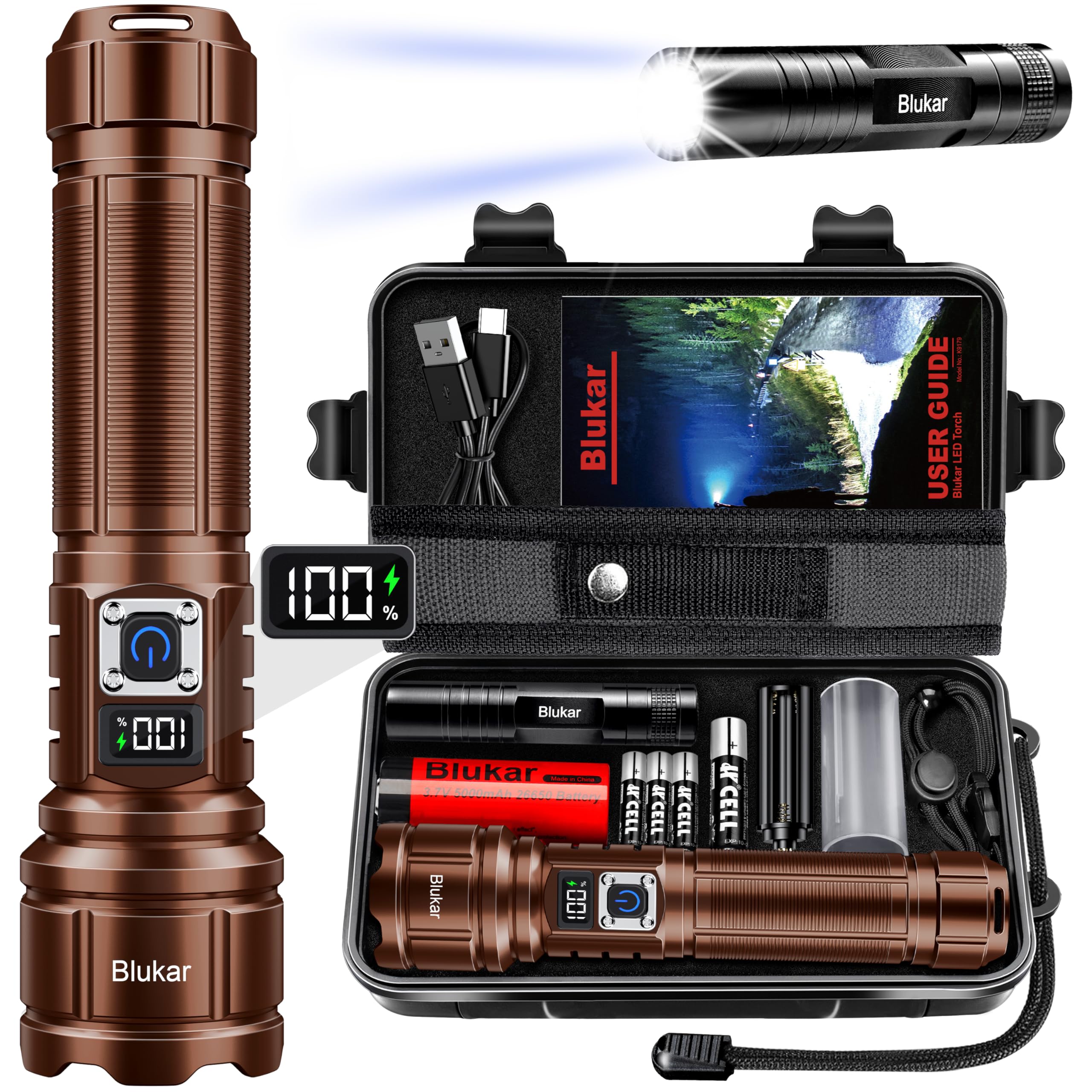 BlukarTorch Rechargeable, Torches LED Super Bright Flashlight, Adjustable Focus, 5 Modes, 5000 mAh Long Lasting, IP67 Waterproof, Smart Digital Display for Camping, Power Cuts, Emergency- Brown