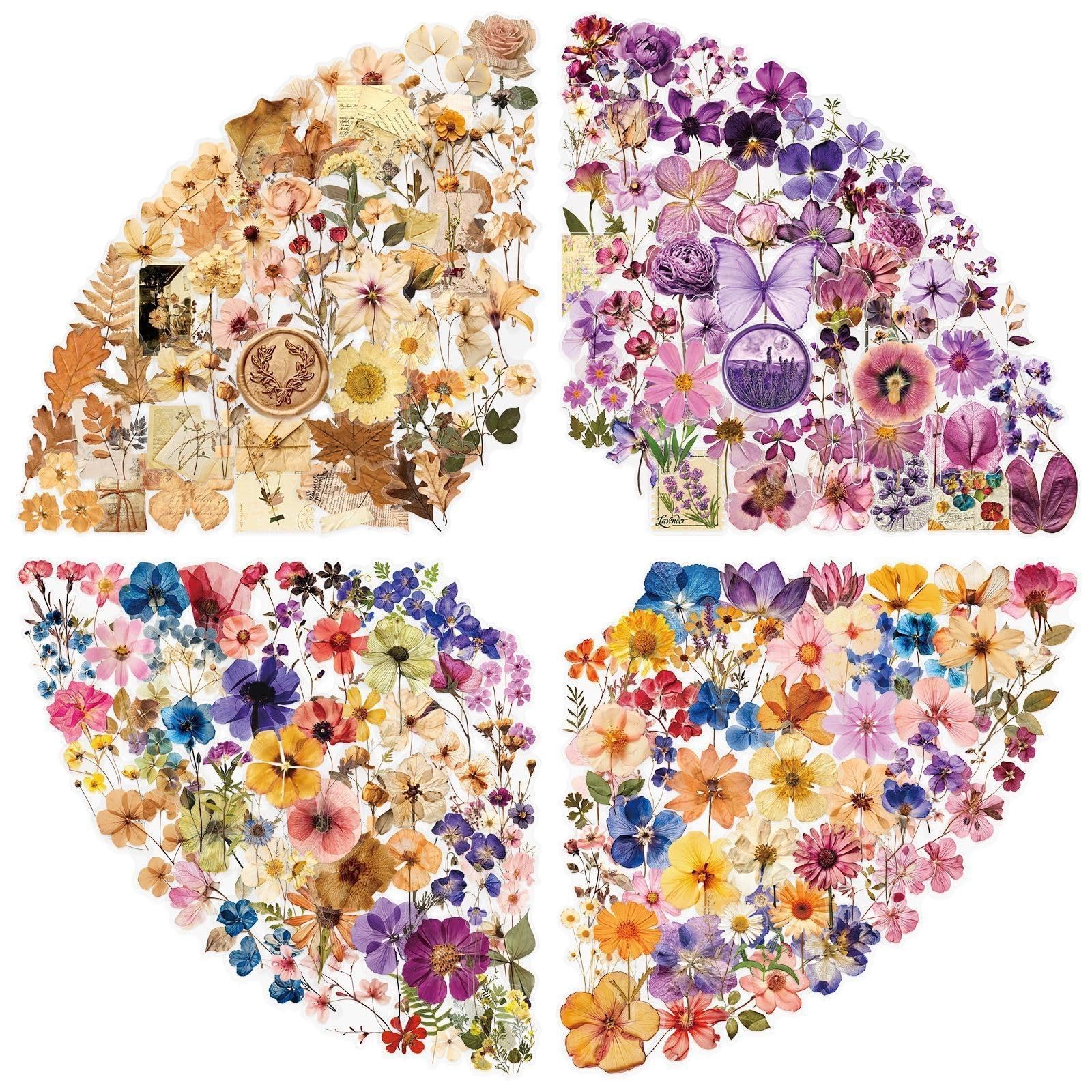 200 Pcs Natural Flower Stickers for Scrapbooking,Self-Adhesive Transparent Flower Stickers Scrapbook Supplies Journaling Supplies for Adult Card Making Letters DIY Water Bottle Cards Decoration