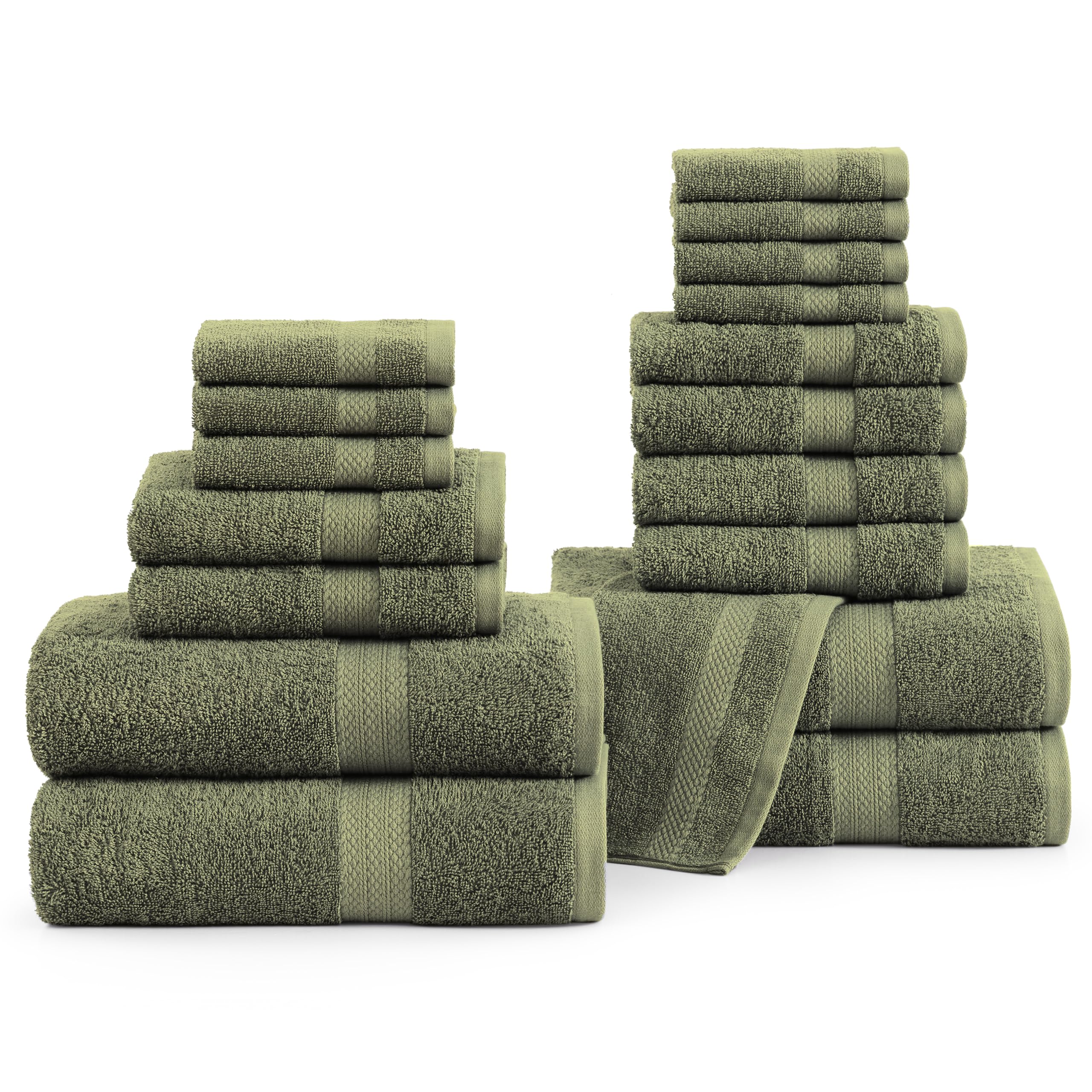 LANE LINEN Cotton Bath Towels for Bathroom - 18 PC 100% Cotton Towels - 4 Bathroom Towel Set, 6 Hand Towels for Bathroom, 8 Washcloths, Soft Turkish Towel Sets for Bathroom, Travel Towel - Oil Green