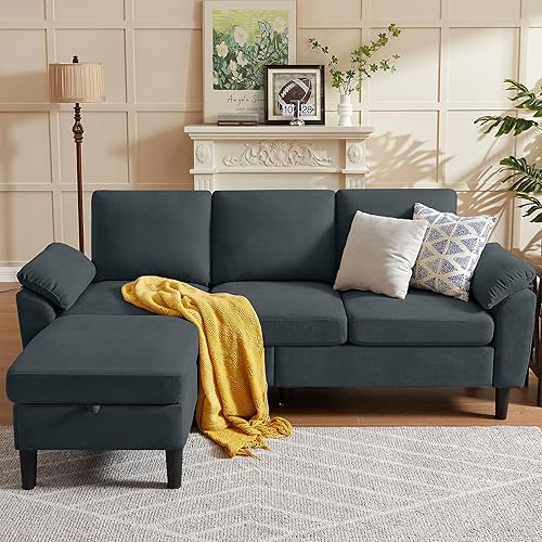 Sofá Seccional Convertible de 79", Sofá Moderno de Lino Pequeño en Forma de L con Chaise Reversible y Otomana de Almacenamiento, Sofá de 3 Asientos