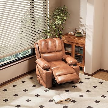 Leather Recliner Chair, Swivel Rocker Recliner Armchair with Massage and Heat, Oversized Recliners Armchair Lounge Sofa with 360  Swivel, Remote Control for Living Room, Nursery, Bedroom - Vintage
