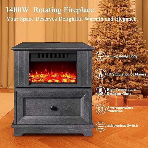 Miniatura 6 de REDAYFUR Mesa auxiliar giratoria con calentador eléctrico de 13 pulgadas, mesa auxiliar con estación de carga rápida, mesa auxiliar de chimenea de