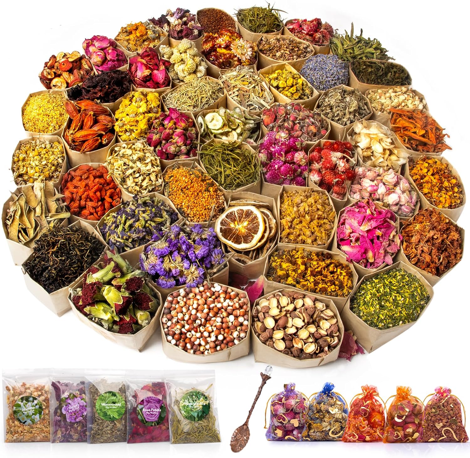 50 Bags Dried Flowers Candle and Soap Making, Variety Dried Herbs Kit for Witch Altar Supplies, Pagan Ritual, Bulk Botanical Lavender Rose Petals Rosemary Ideal for Resin Pressed Flowers DIY Craft