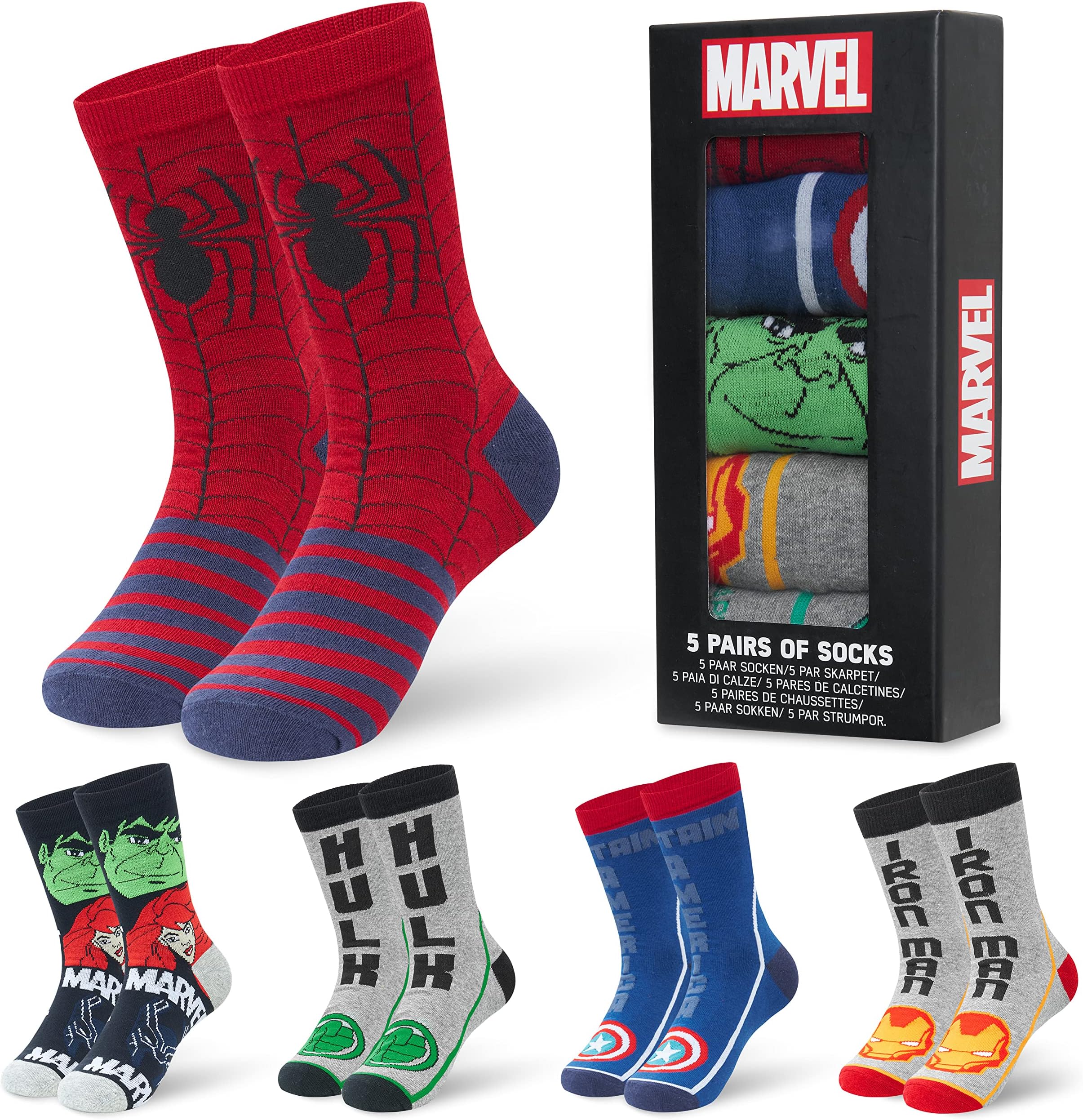 Mens Calf Socks US Size 7-11, Pack of 5 Soft Crew Socks for Sports, Spiderman Deadpool Avengers