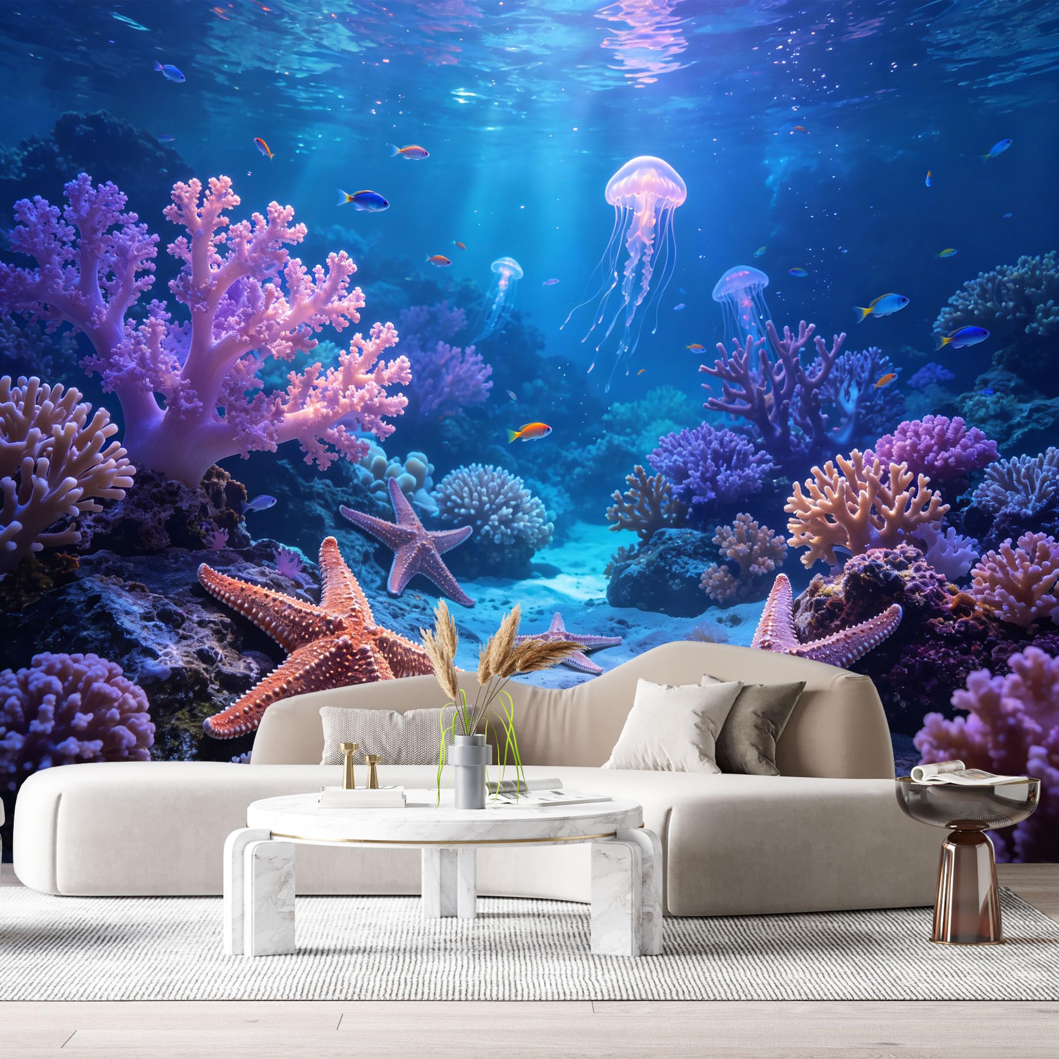 Custom Size Wall Murals Ocean Marine Tropical Reef Jellyfish Starfish 3D Trompe L'Oeil SelfAdhesive Wall Fabric Removable Large Wallpaper for Photo Living Room