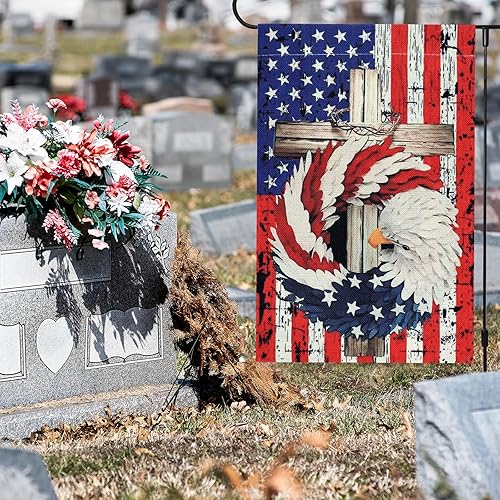 Miniatura 5 de Paquete de 2 banderas patrióticas de bienvenida del 4 de julio, 12 x 18 pulgadas, de arpillera vertical de doble cara, estrellas y rayas de águila,