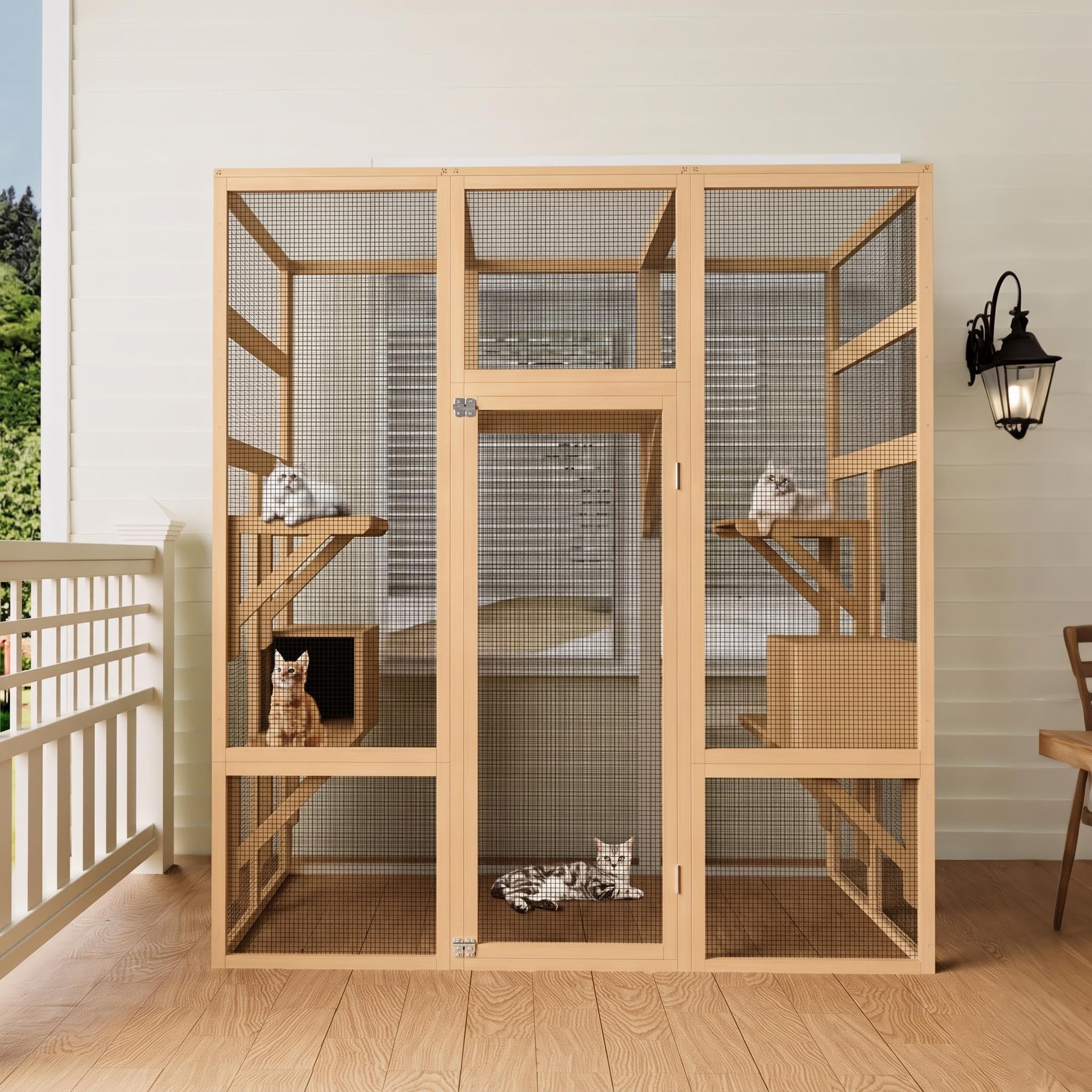Cachpib Walk-in Outdoor Catio Cat Enclosure & Wooden Cat House 160x82x178cm