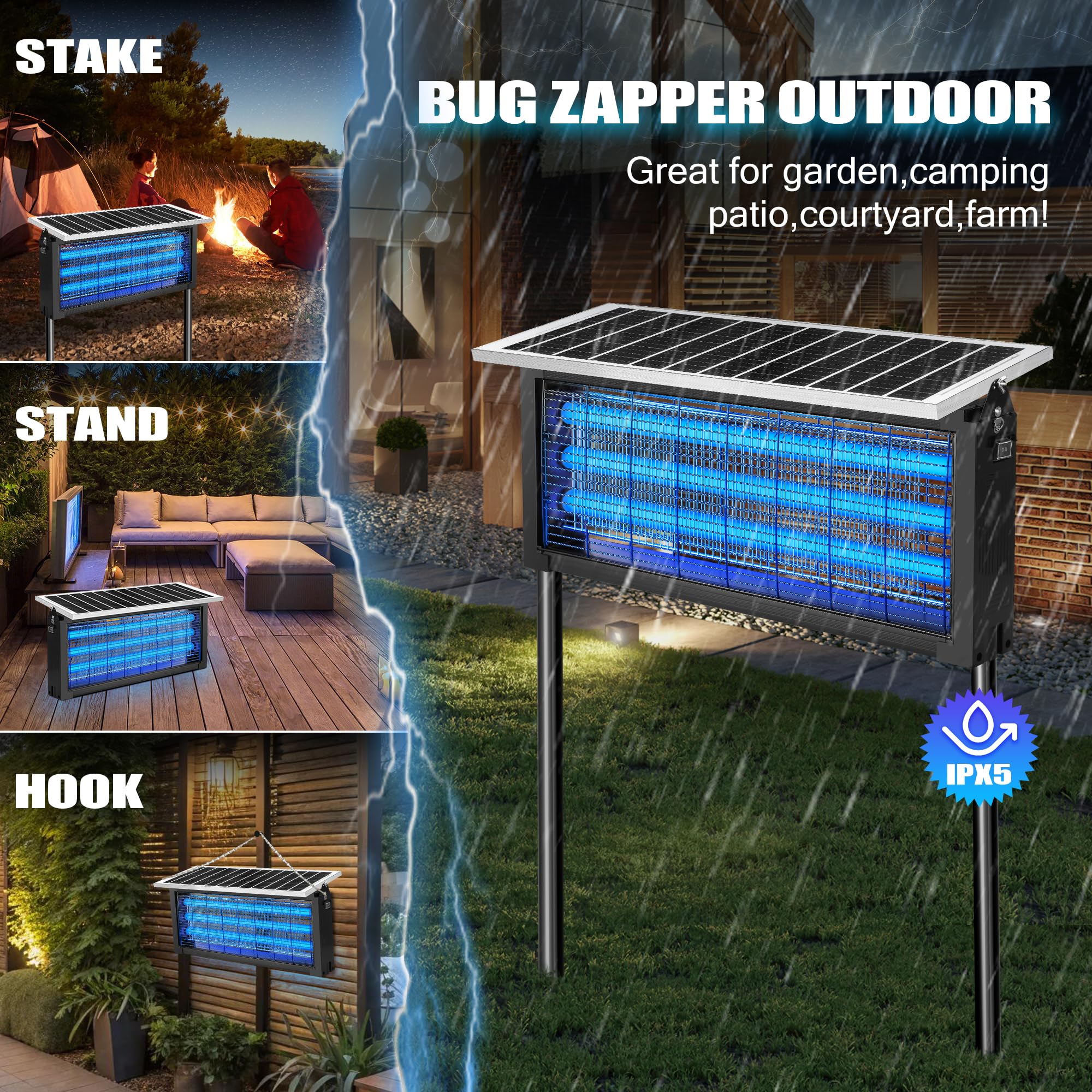 Matamoscas solar para exteriores, matamoscas eléctrico de mosquitos de 30 W, impermeable, inalámbrico, funciona con energía solar, para patio, jardín, patio, caravana, camping, estanque