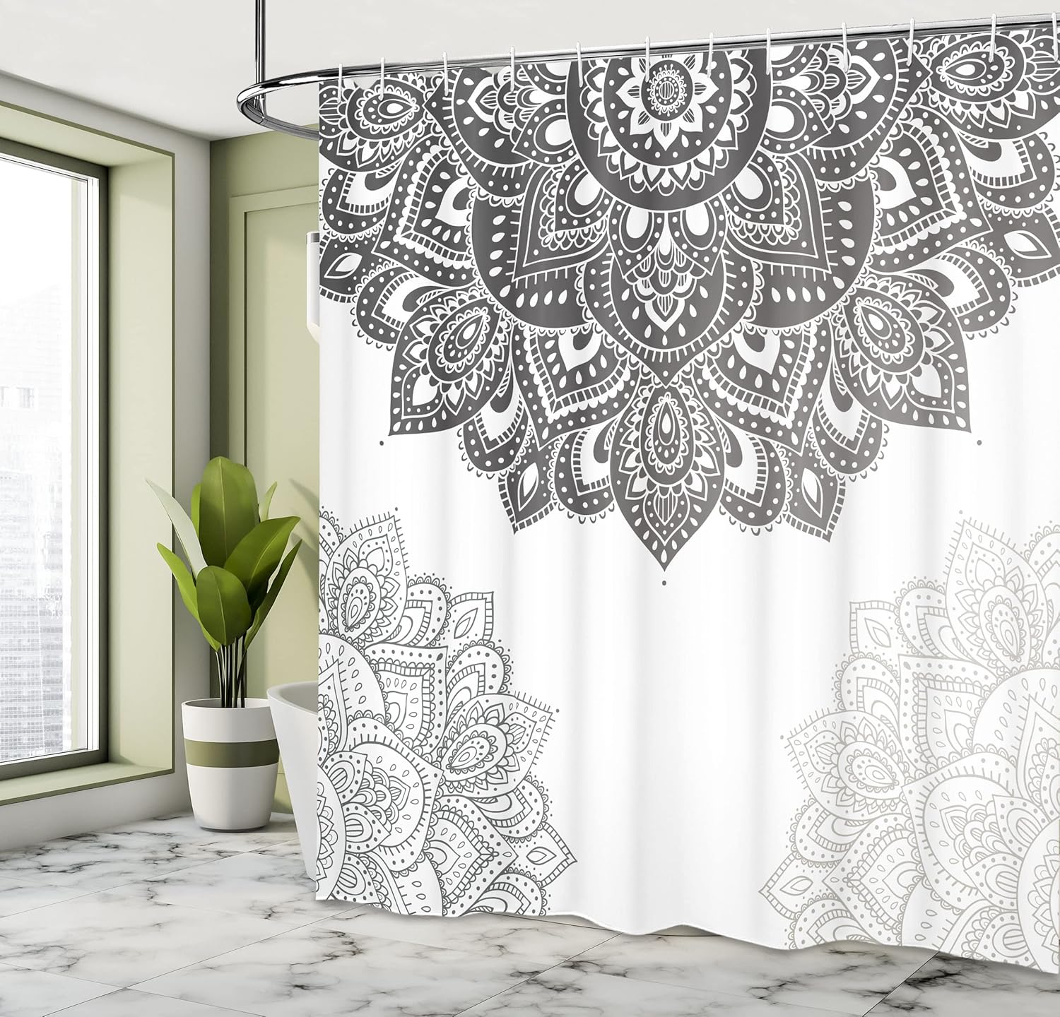 Ambesonne Flora Shower Curtain, South Mandala Design Vibrant Color Ornamental Illustration, Cloth Fabric Bathroom Decor Set with Hooks, 69" W x 75" L, Sage Green