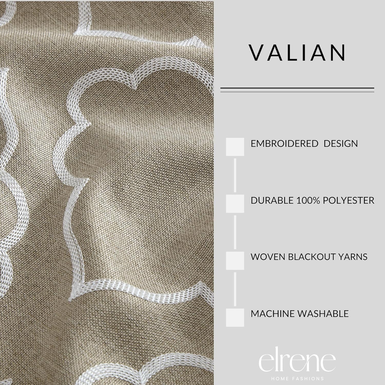 Elrene Home Fashions Valian Geometric Lattice Embroidered Thermal Blackout Window Curtain Panel with Grommets, Set of 2, 37"x84", Tan