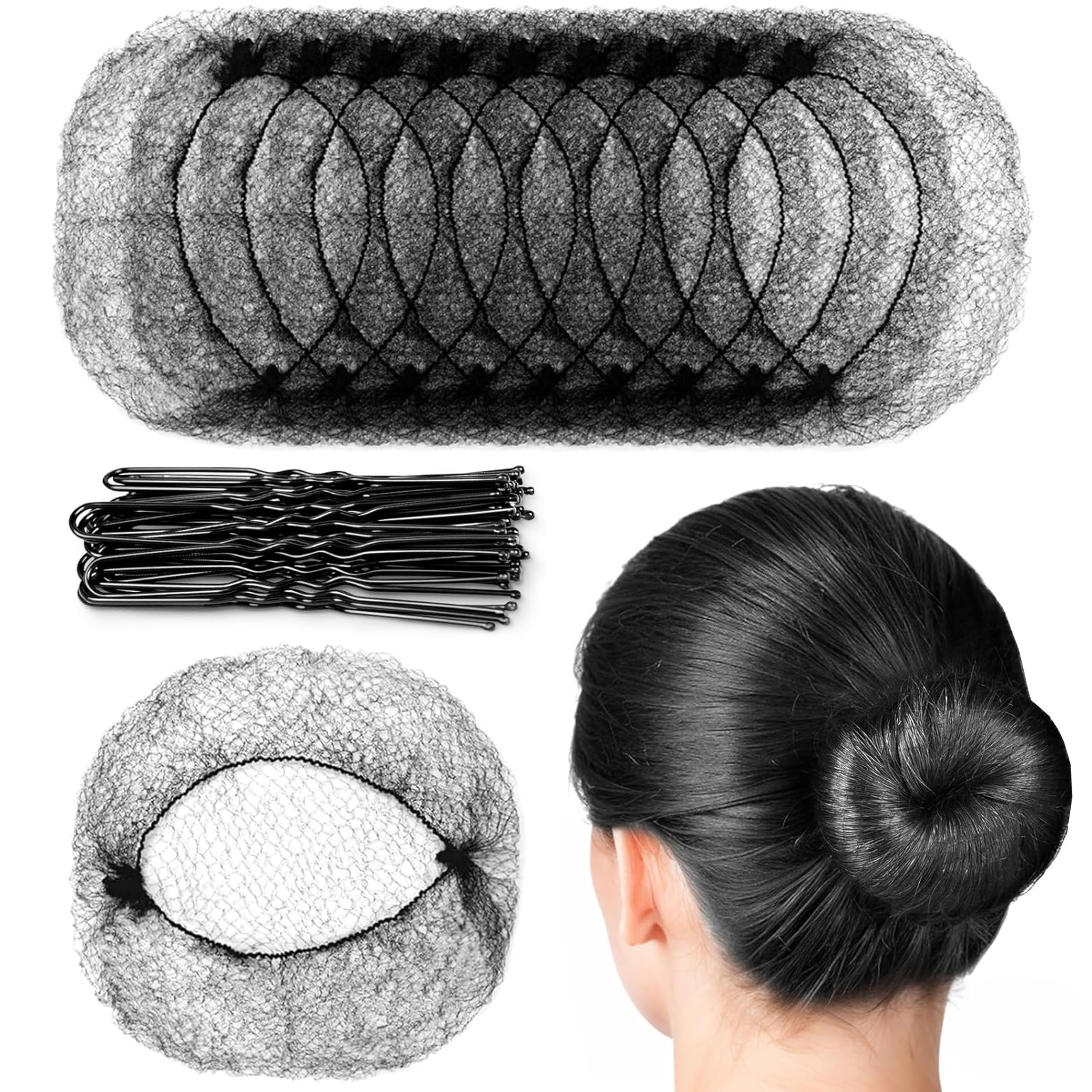 100PCS Hair Net and Pin Set – 50 Invisible Mesh Hair Nets (20 Inch) and 50 U-Shaped Hair Pins for Bun Making, Dance, Work, and Daily Use（Black）