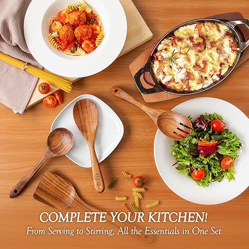 Miniatura 7 de Cucharas de madera de 8 piezas para cocinar, utensilios de madera de teca de acabado liso, juego de cocina antiadherente, agarre cómodo, utensilios