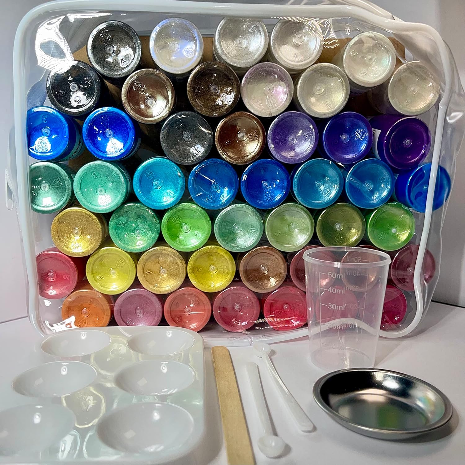 ChiPigments® Set of 48 Mica Powders – Zipped Case with Mixing Tools for Epoxy Resin, Soap, and Candle Making