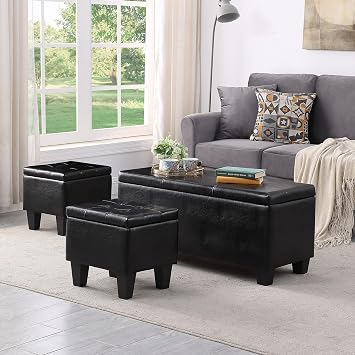 3-in-1 Ottoman Set with Storage Modern PU Ottoman Bench Set 1 Large & 2 Small Ottomans w/Safety Hinge, Footrest Seating Bench for Living Room Entryway Hallway & Bedroom, Grey Black-PU