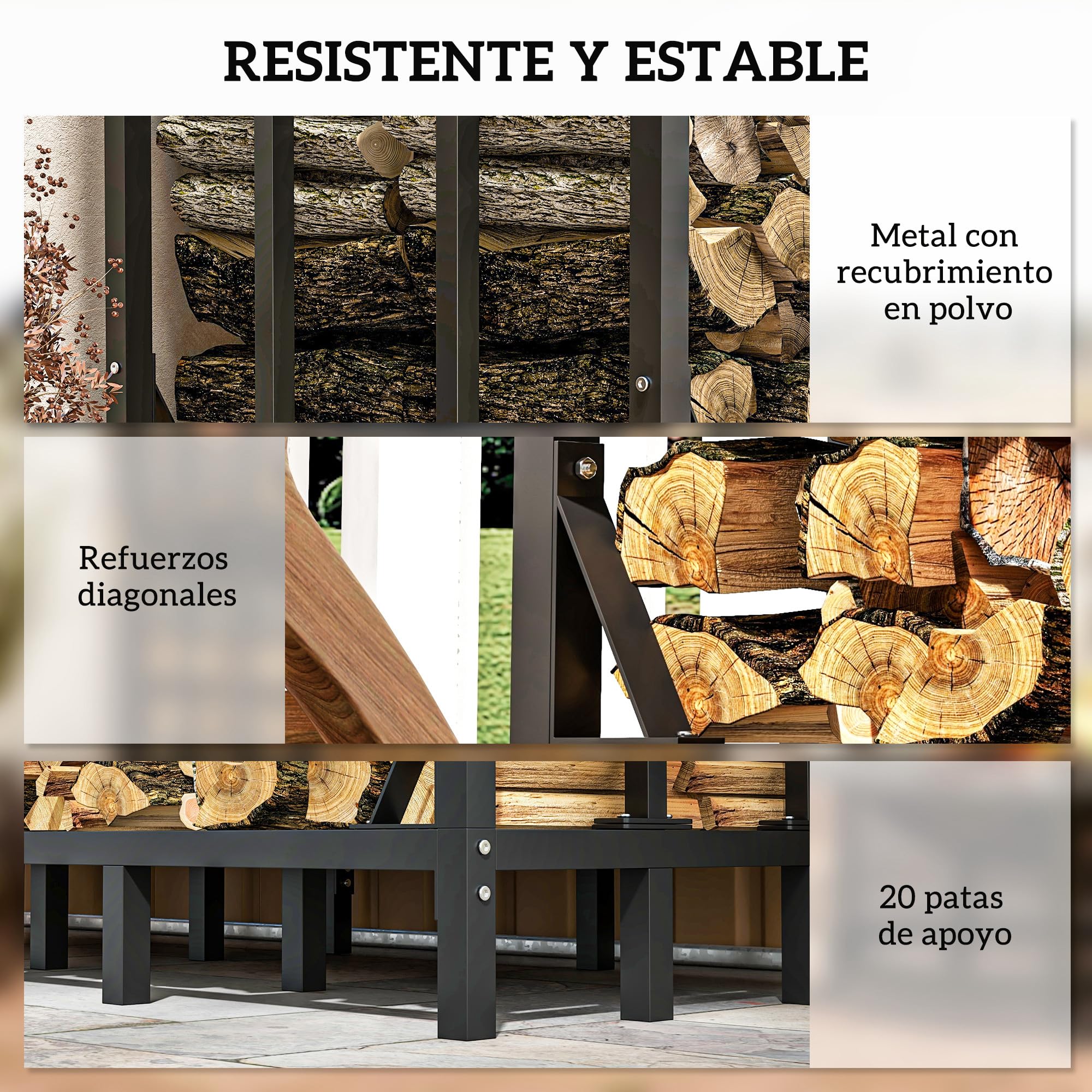 Outsunny Soporte para Leña con Cubierta 143x70x145 cm Leñera de Exterior Estante de Leña de Metal con Estructura Reforzada Impermeable Carga 1200 kg para Interior y Exterior Negro