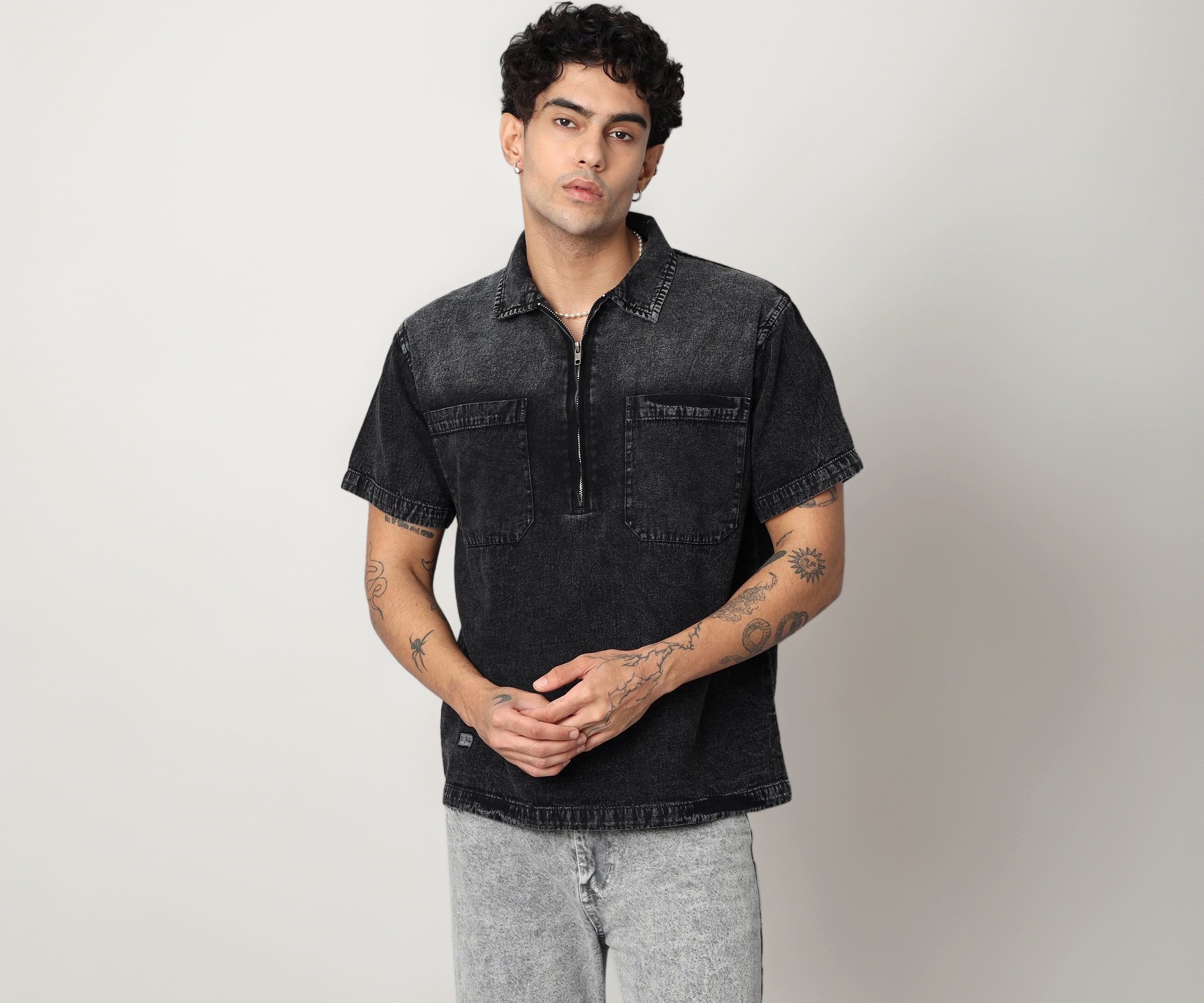 D... Men's Denim Oversized Shirt (Black Cloud Spray, X-Large)