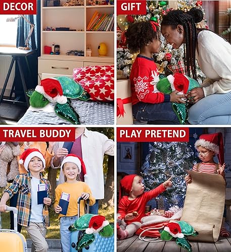 Miniatura 4 de DolliBu Juguete de peluche de tortuga marina de Papá Noel, disfraz de tortuga de peluche con lentejuelas espaciales, sombrero rojo de Papá Noel, con