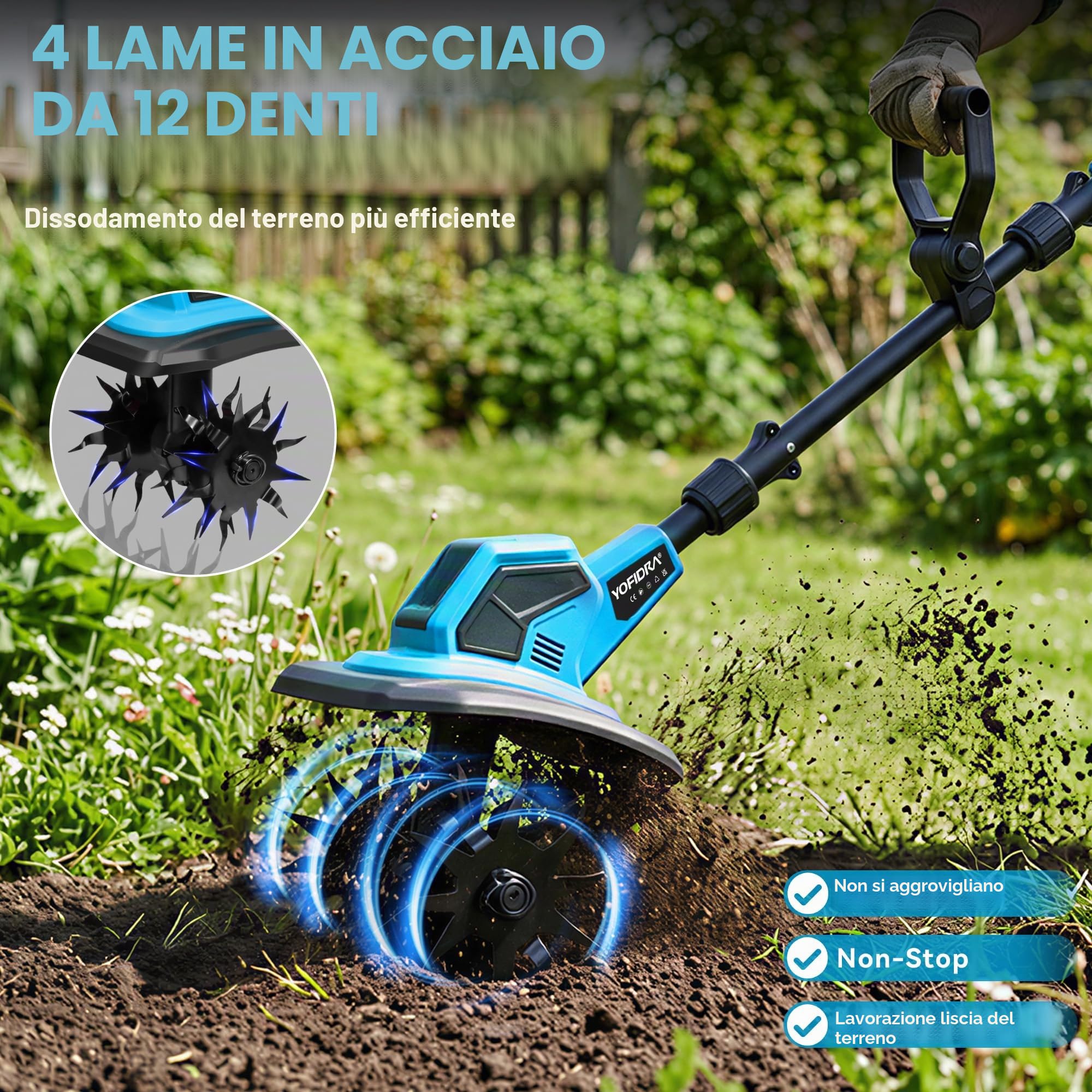 Yofidra Motozappa elettrica - Zappa a batteria da 600 W, larghezza di lavoro 23 cm, profondità 17 cm, display a LED, 2 batterie da 2,0 Ah, fresa da giardino con 4 lame da 12 denti