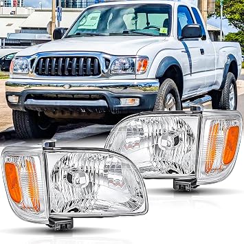 Headlights & Corner Lights Assembly Pair for 2001 2002 2003 2004 Toyota Tacoma Pickpup Head Lamps Replacement Driver and Passenger Side,Chrome Housing Amber Reflector