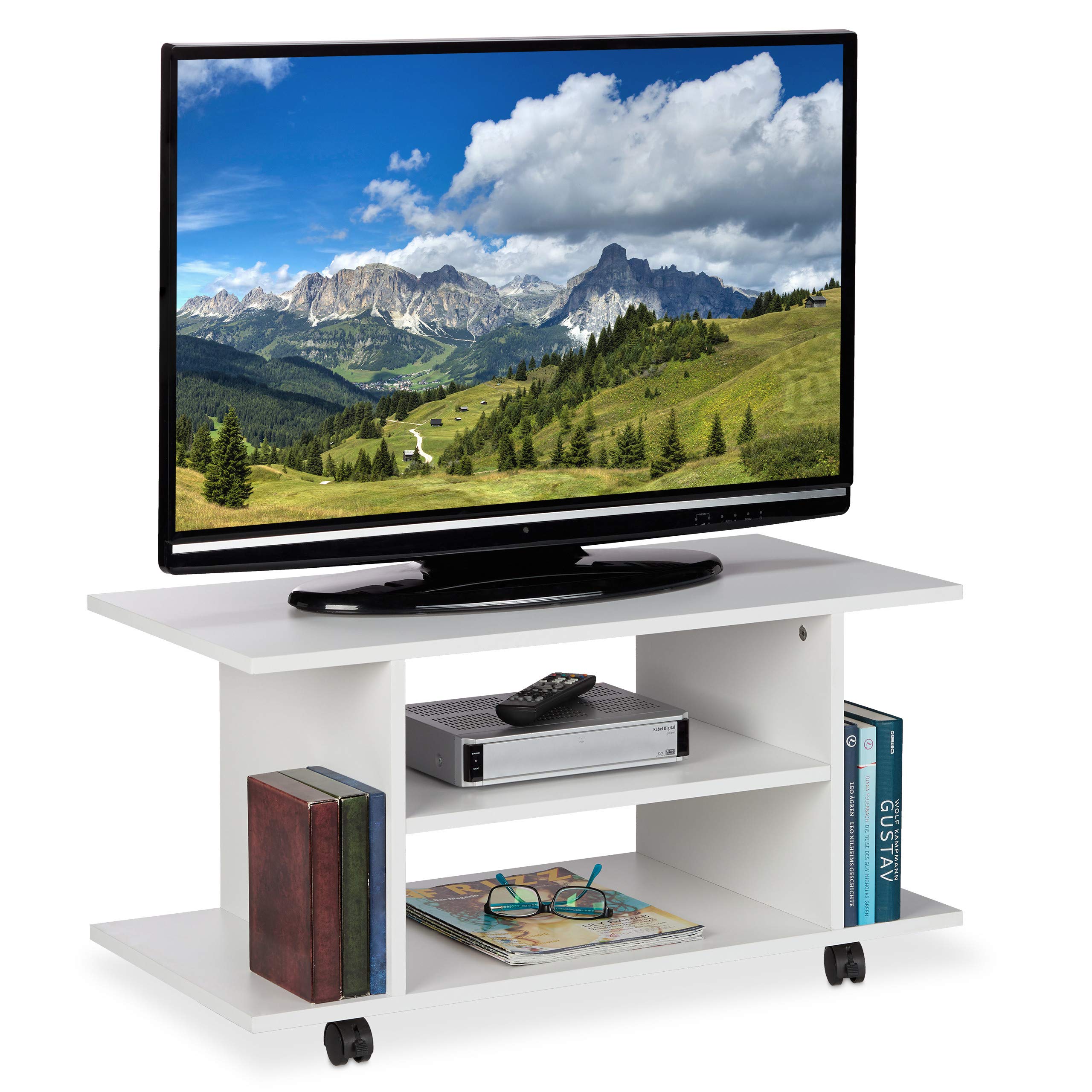 Relaxdays Mobiletto Porta TV con Ruote, 4 Ripiani Aperti, per Apparecchi Elettronici, CDs, DVDs, HLP 40x80x40, Bianco